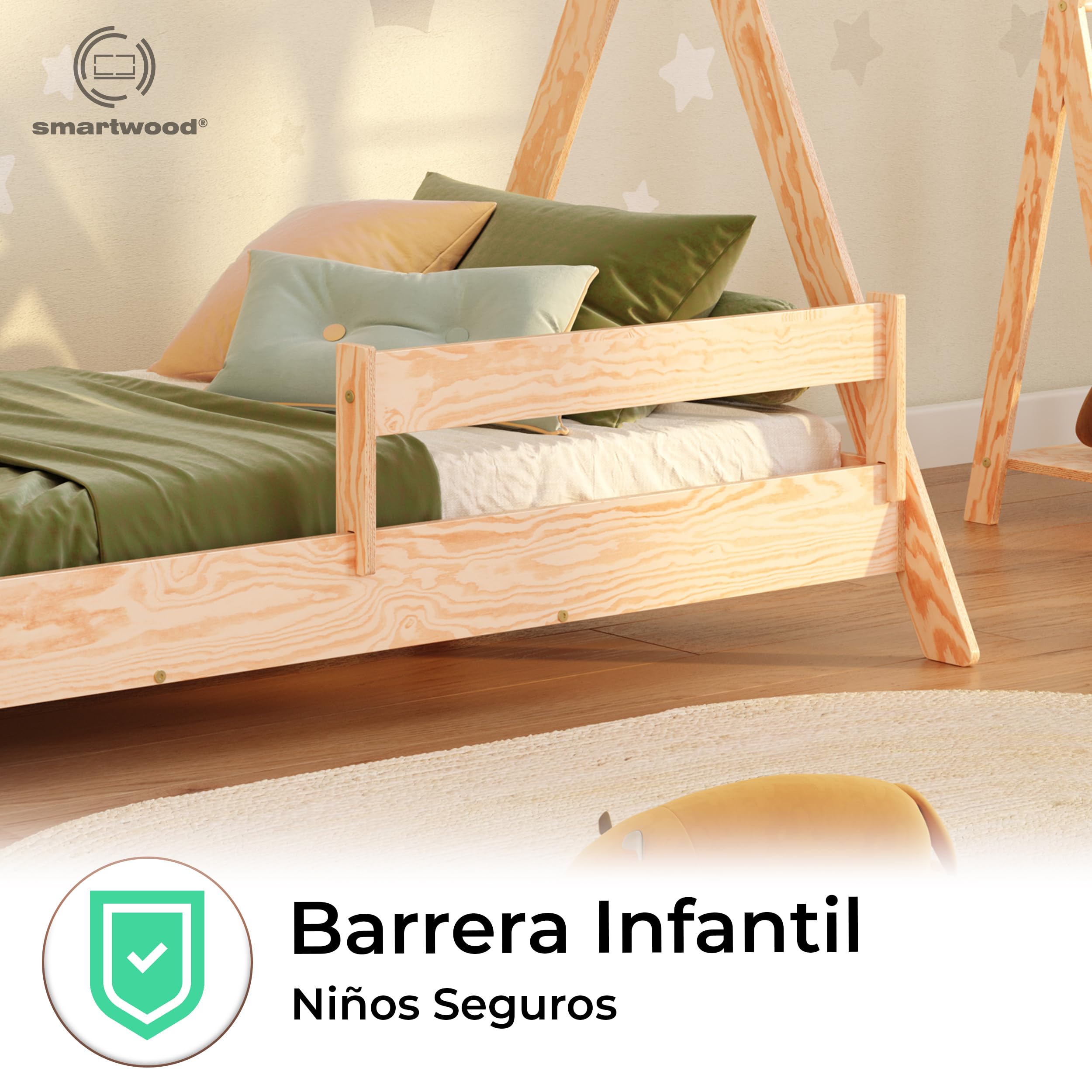 smartwood Cama Casita 80x160 cm - Cama Infantil Tipi de Madera de Pino FSC con Barandilla Anti-caídas y Somier de Lamas hasta 230 kg - para Niño y Niña - Montaje Fácil