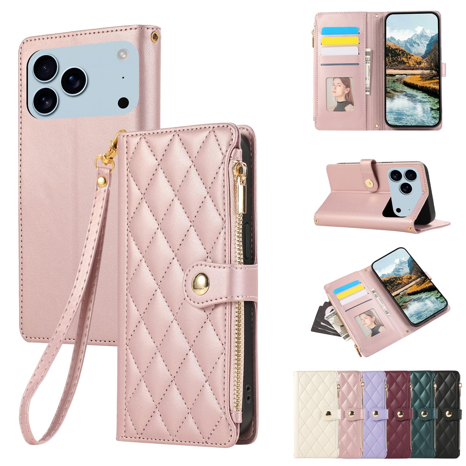 Étui portefeuille en cuir gothique floral rose à fermeture éclair pour