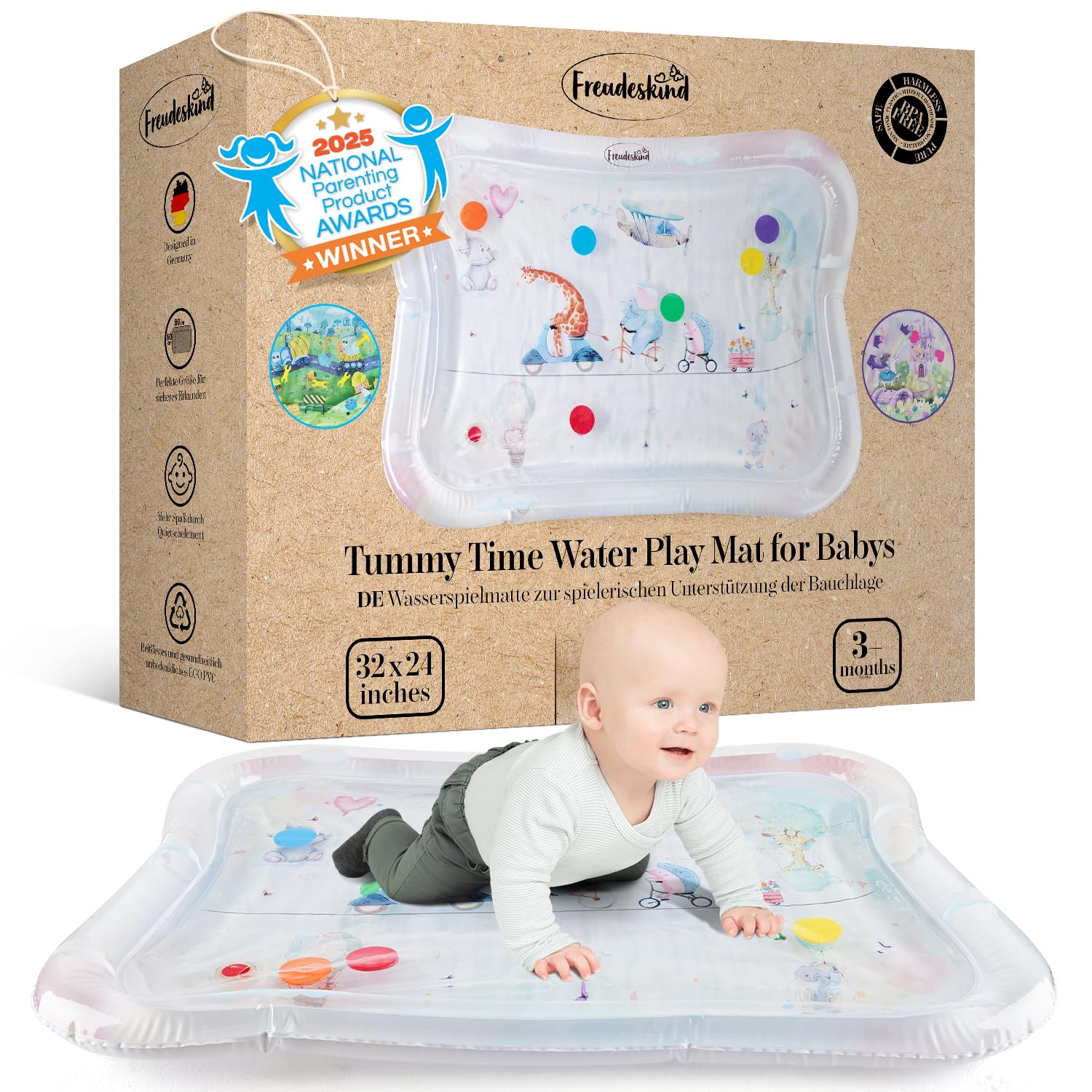 TummyTime Wassermatte XXL by Freudeskind, Baby Wasserspielmatte, 100% Phtalate- & BPA-frei ab 0, 3, 6, oder 9 bis 24 Monate, Sensorische Montessori Spielmatte, Babyspielzeug Bauchlage