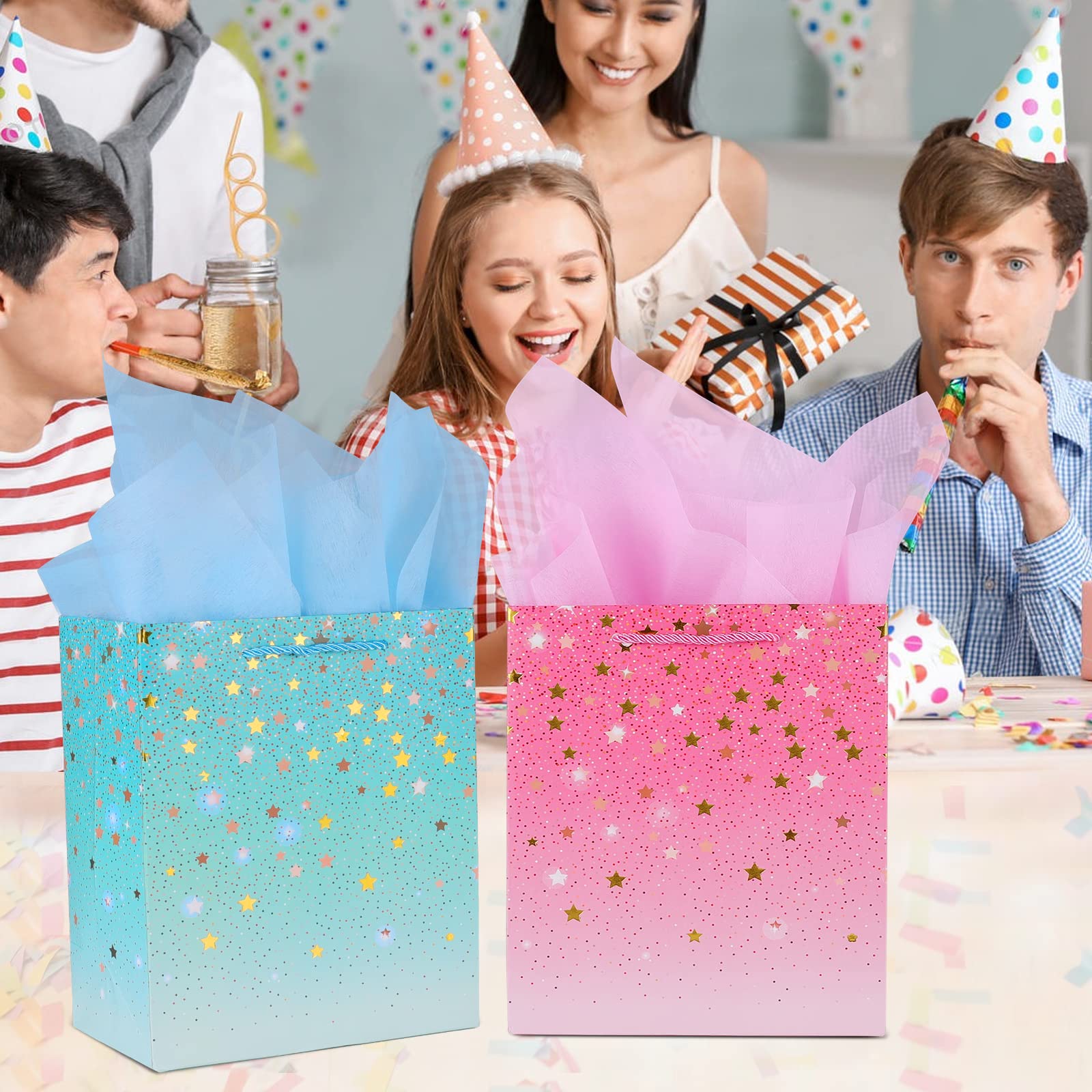 Sacchetti Regalo Arcobaleno Sfumati PHOGARY Con Carta Velina - 4 Pezzi 23x18x10 Cm Con Manici Per Compleanni E Feste
