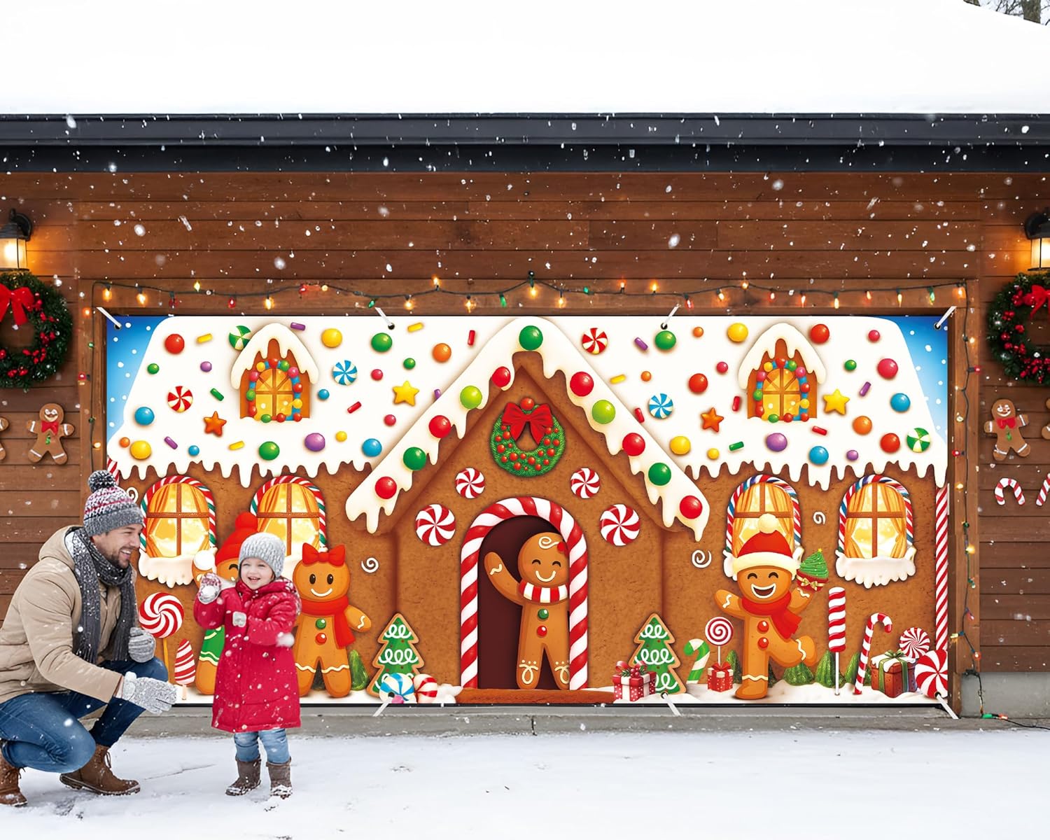 HunnmingRe Christmas Garage Door Banner Decoration Magnetic Double Garage Door Covers Large Xmas Backdrop Decorations for Holiday Indoor Outdoor Party Decor(16 x 7 ft,Gingerbread House)