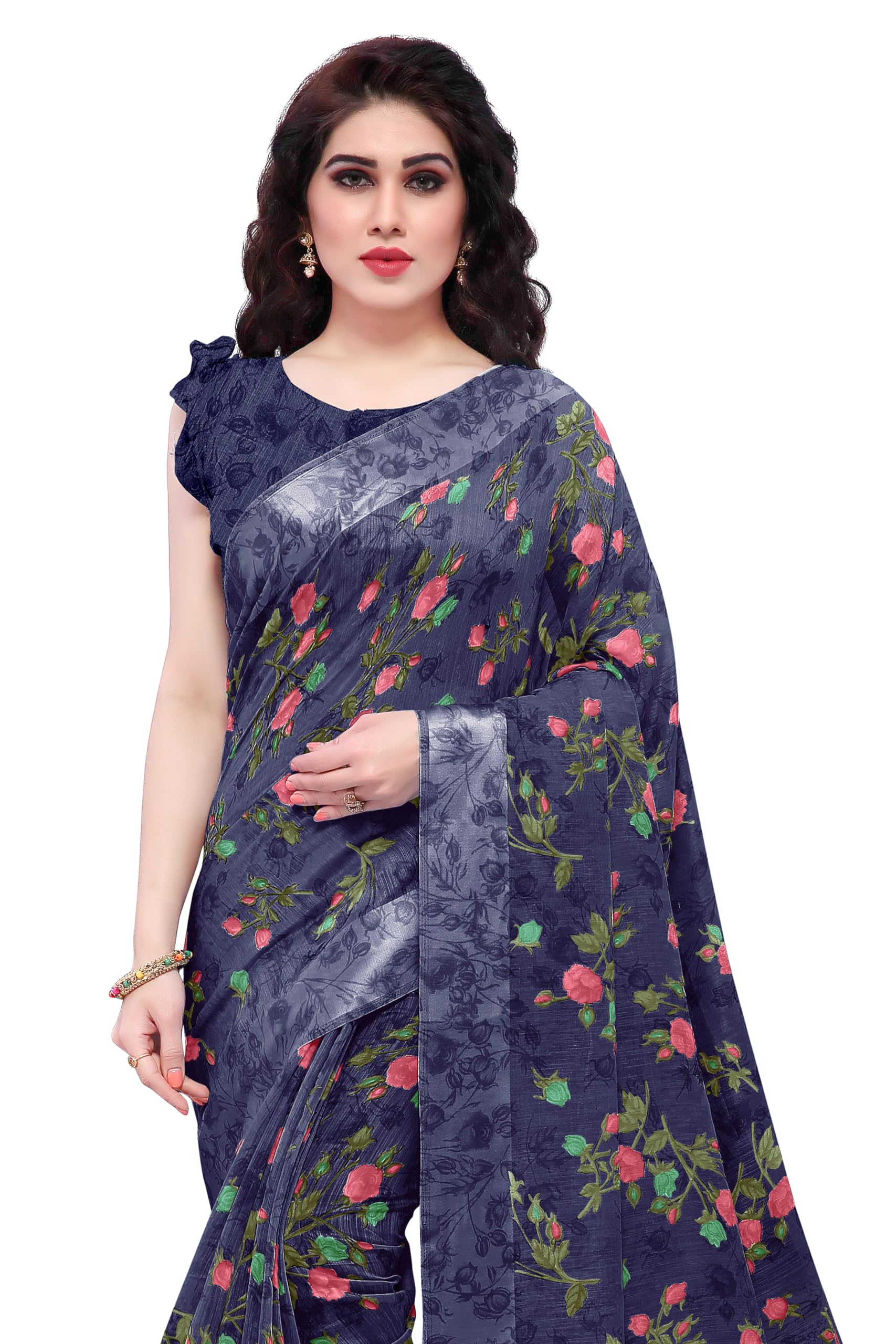 MIRCHI FASHIONWomen's Fancy Cotton Blend Tropical Floral Printed Saree with Blouse Piece