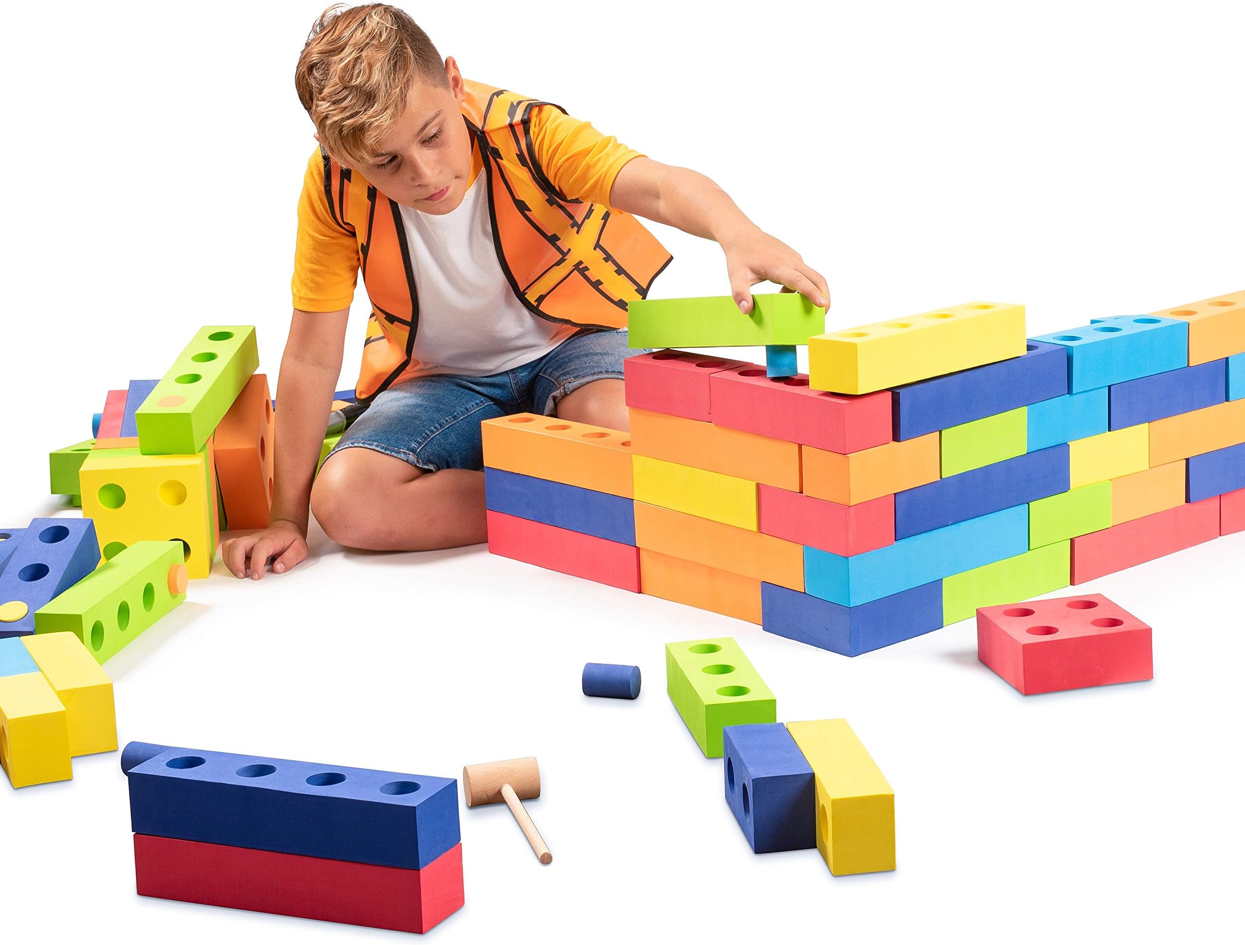 Playlearn Foam Building Blocks with Peg Connectors – Multi-Colored Stacking Blocks for Kids – Safe Non-Toxic EVA Foam (180 Piece)