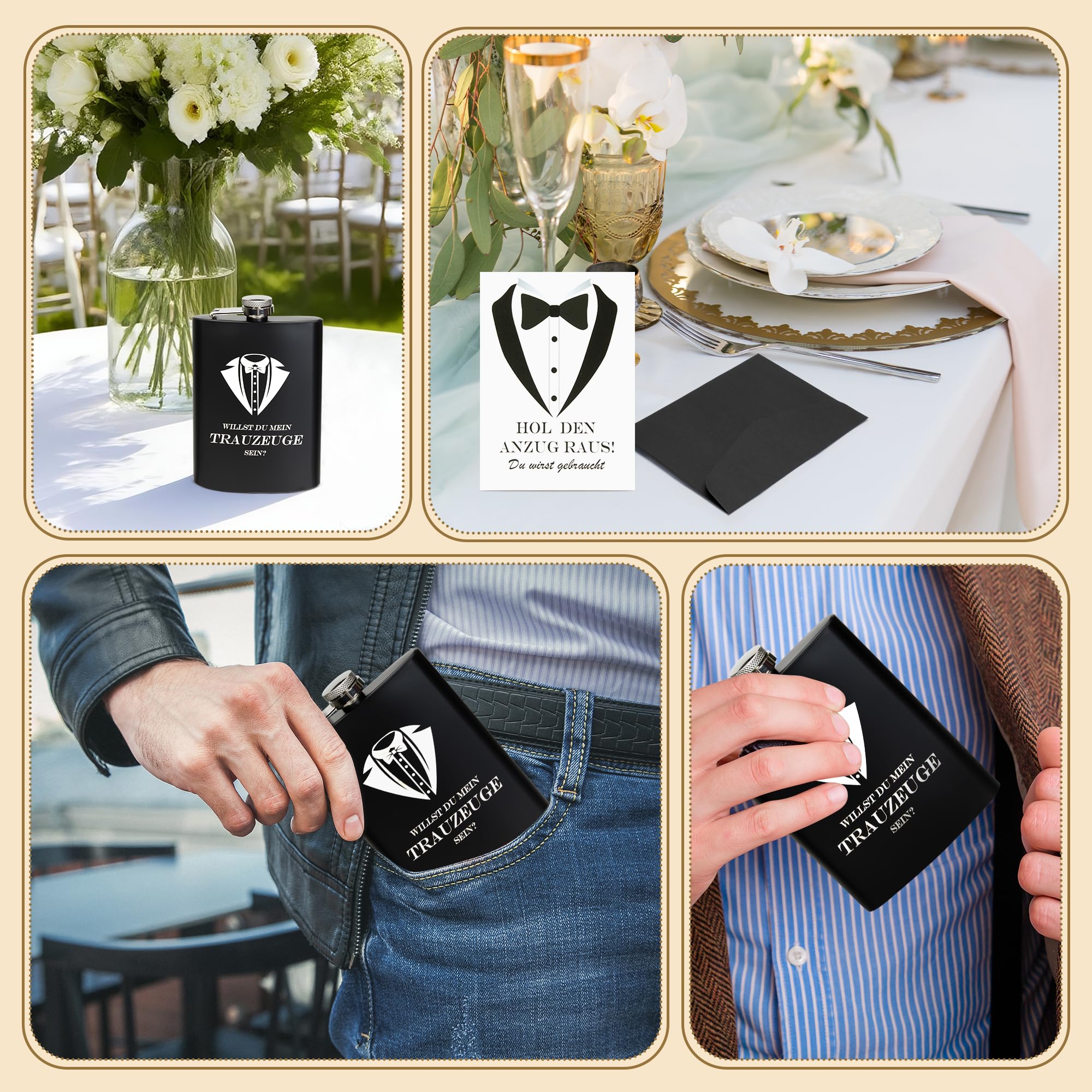 Flachmann mit Gravur 8oz Edelstahl Geschenkset für Trauzeuge und Trauzeugin, Schwarze Geschenkbox mit 4 Bechern und Trichter, Personalisiertes Hochzeitsgeschenk für Männer und Frauen, BLACK