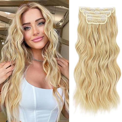 Juego de 4 extensiones de cabello con clip para mujer, 20 pulgadas, grueso, sintético largo, ondulado, rubio ceniza con reflejos rubio platino, 4