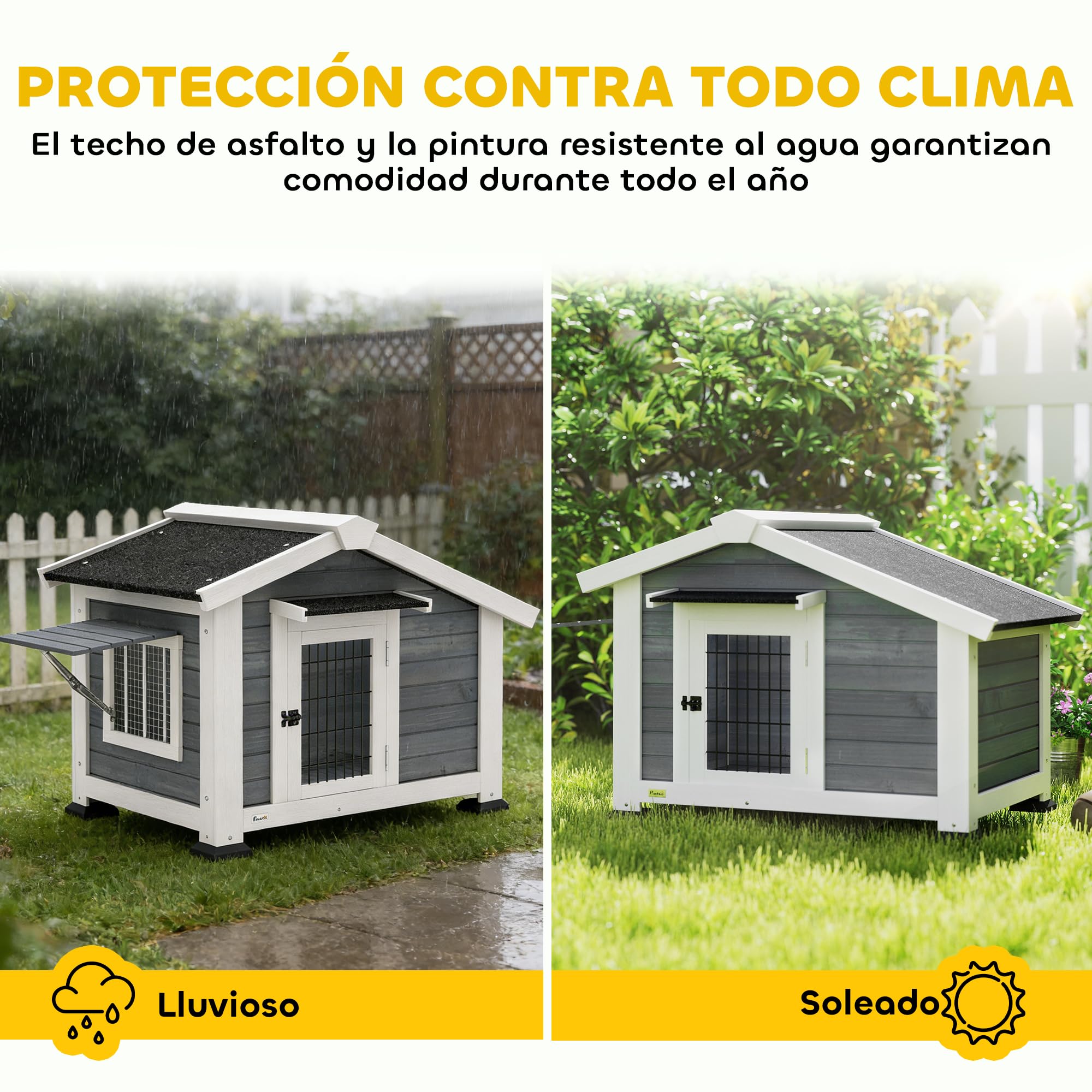 PawHut Caseta para Perros Exterior de Madera, Casa para Perros Medianos con Techo Asfático, Suelo Extraíble, Ventana Abatible y Puerta Ventilada, Base Elevada, 98x76x69,5 cm, Gris