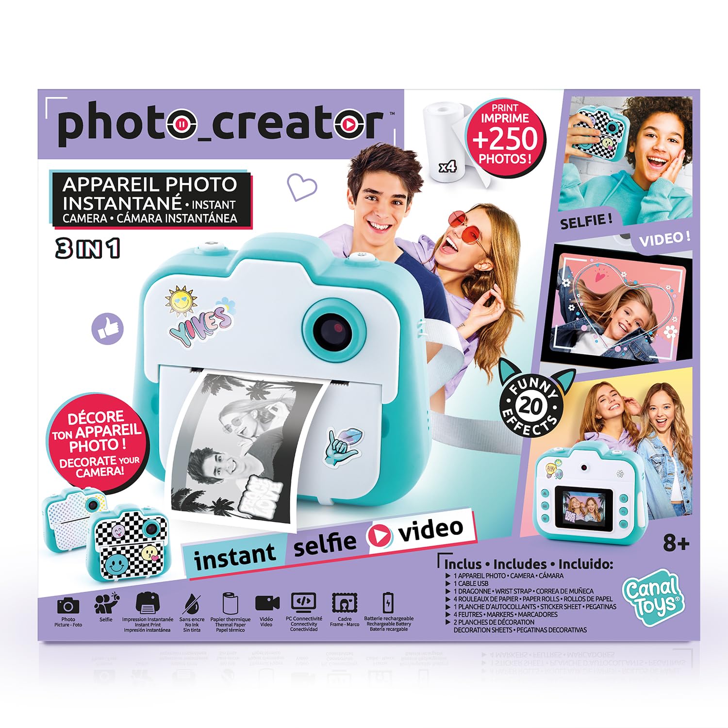 Canal Toys - Photo Creator - Fotocamera 3 in 1 Turchese - Stampa Istantanea su carta termica - Selfie e Videocamera - Fotocamera Istantanea - Regalo Bambini 8 Anni + - 4 Rotoli - 250 Scatti - CLK 001