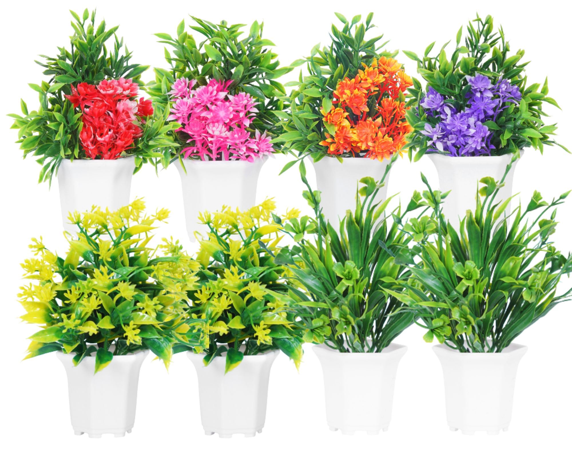 DekorlyWild Artificial Flower Plants with Cute Hexa Pot | Faux Flower Plant for Home Office Decor | Tabletop and Desk Decoration | Artificial Flower for Balcony Indoor Decor | Pack of 8 (Multi-I)