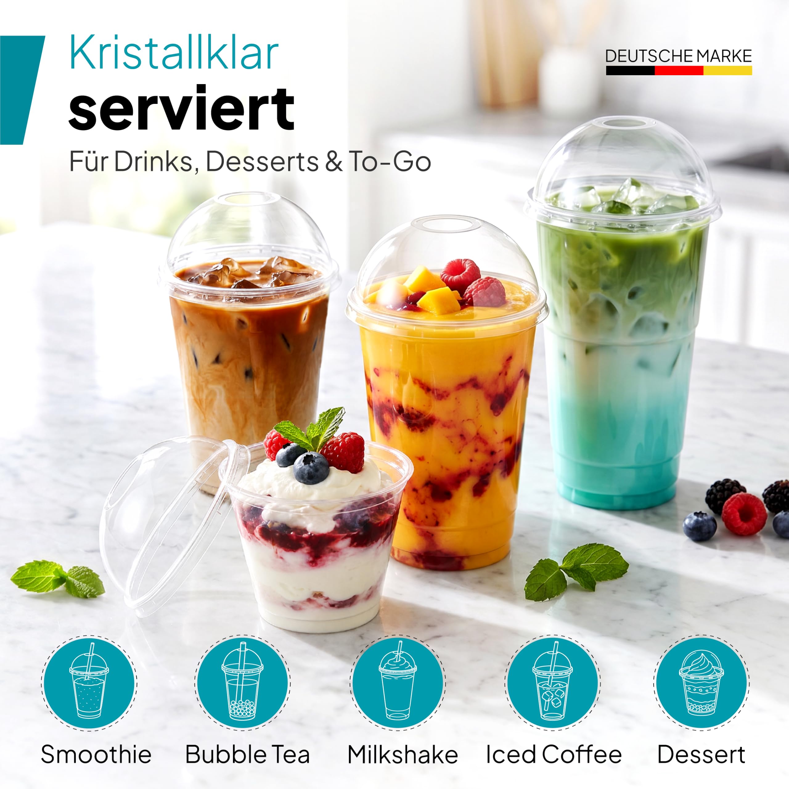 Commerline 100 sztuk kubków do smoothie 500 ml z pokrywką z otworem do smoothie, plastikowe kubki na wynos, kubki do picia + pokrywka z otworem, kubki deserowe, kubki do herbaty bąbelkowej, kubki z
