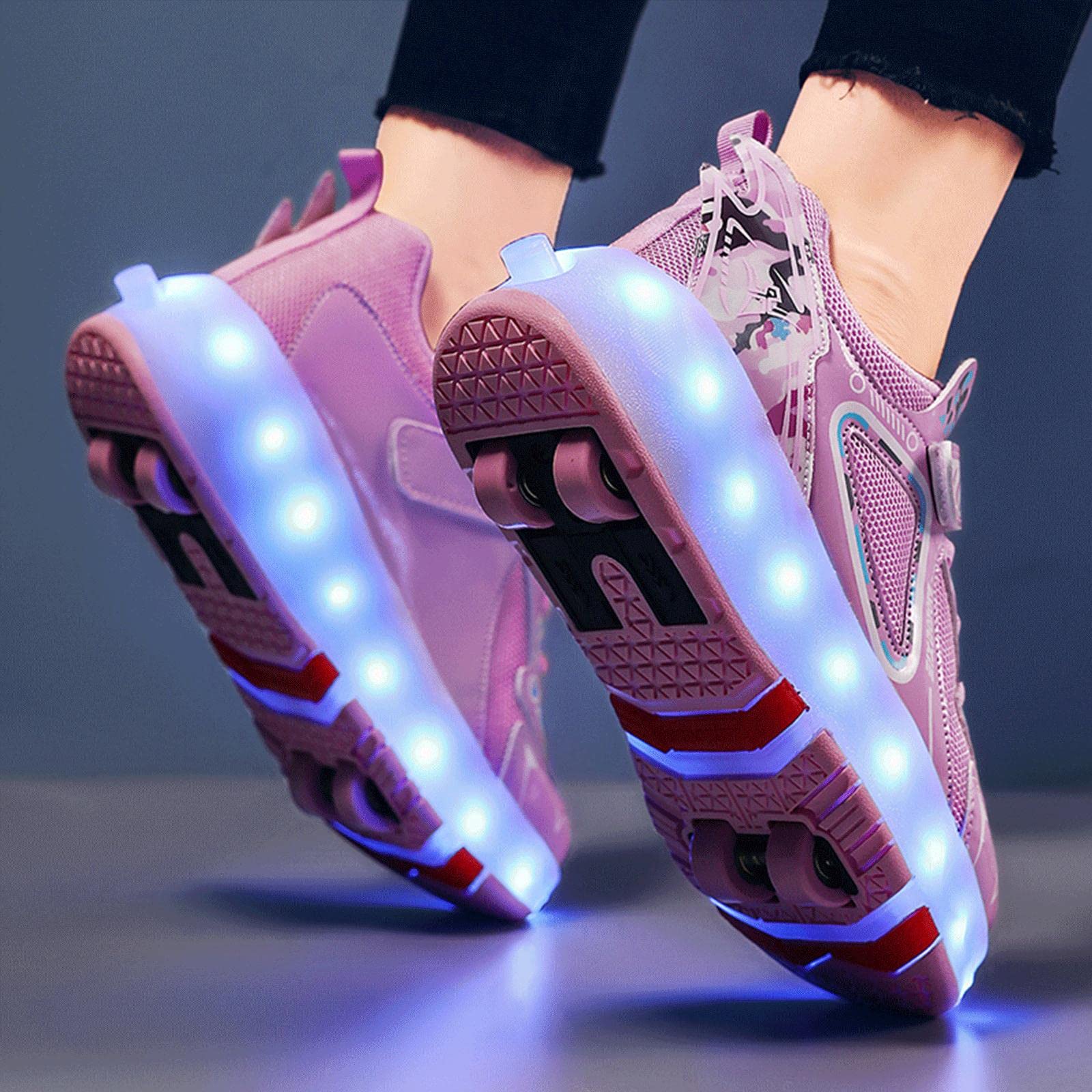 TECDOTO Zapatillas con Ruedas, USB Recargable Zapatos de Patines para Niños Niñas Niños Regalo Luz LED 4 Ruedas Zapatos Patines,Pink-38EU