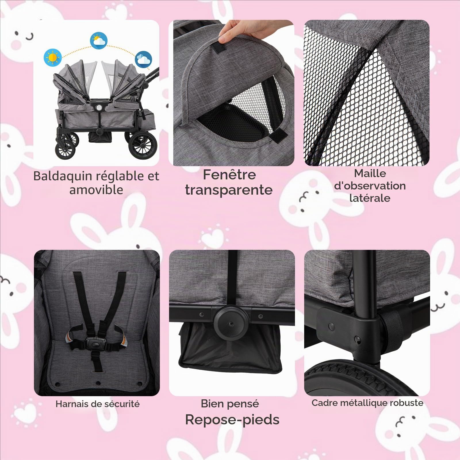 LIFEZEAL Chariot porte-2 enfants 6 + mois, chariot poussé, poussé, poussette, poussette de voyage, pliable, réglable, portable, avec toit, roues, sac à couches, max 50 kg (Gris)