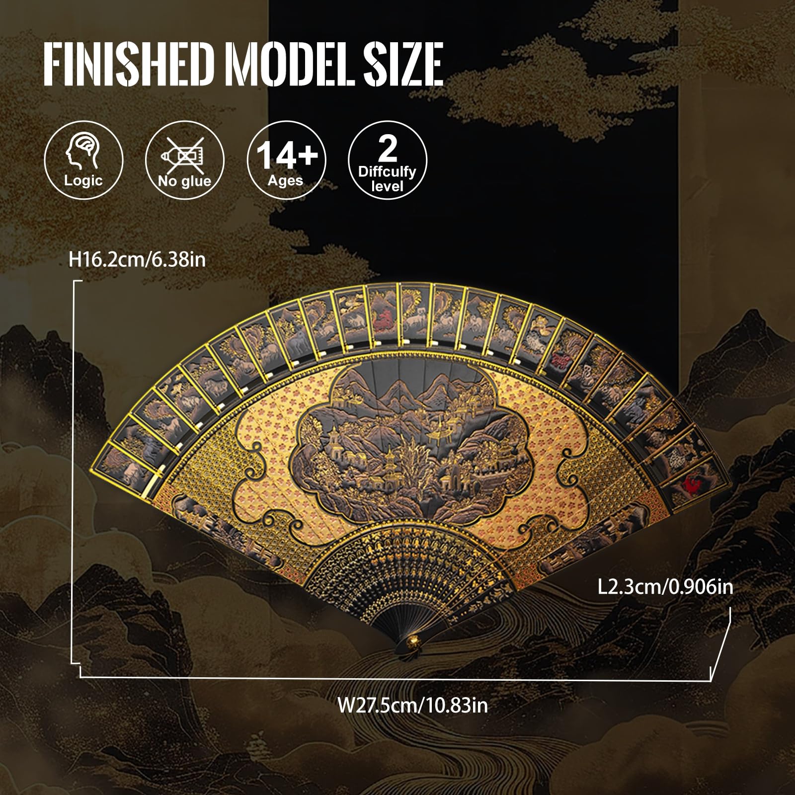 Piececool 3D Metall Puzzle, Lone Shadows Perlmutt-Einlage Faltfächer, 46 Teile, Metall, 28 x 15,35 cm, ab 16 Jahren (Golden)