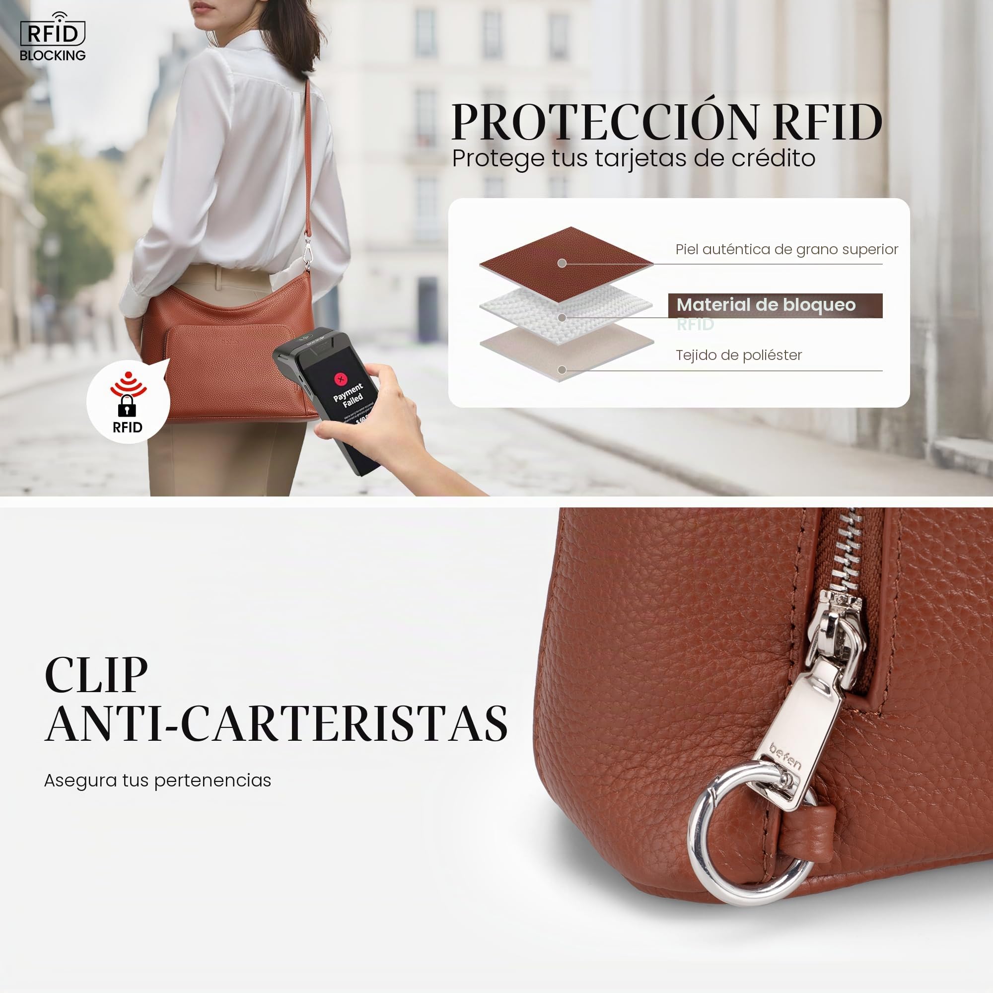 befen Bolsos Hobo de Piel Auténtica para Mujer, Antirrobo, con Cartera RFID Integrada, Bolso de Bandolera y Hombro