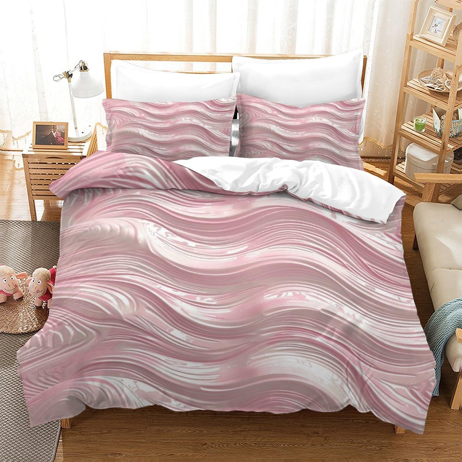 P1S9U7W5Y Textured Wave 3D Printed Duvet Cover Set Microfiber Pink Ripple 3pcs Bedding Set Double（200x200cm）