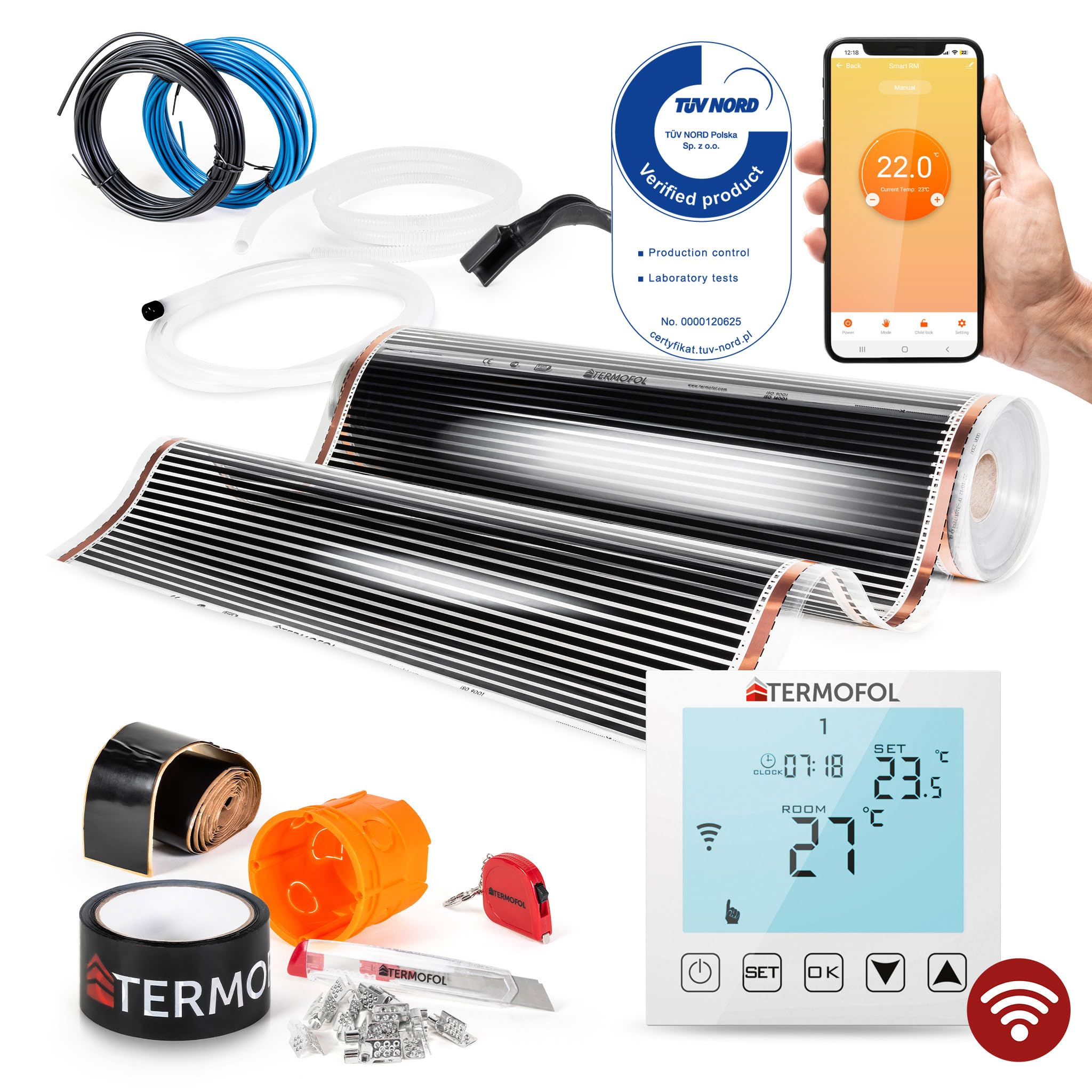 Termofol Chauffage Electrique par le Sol Set Tapis Chauffant avec WiFi - Thermostat 230V - Chauffage d'appoint - Puissance 60 W/m2 - Surface 14 m² - Plancher Chauffant Electrique