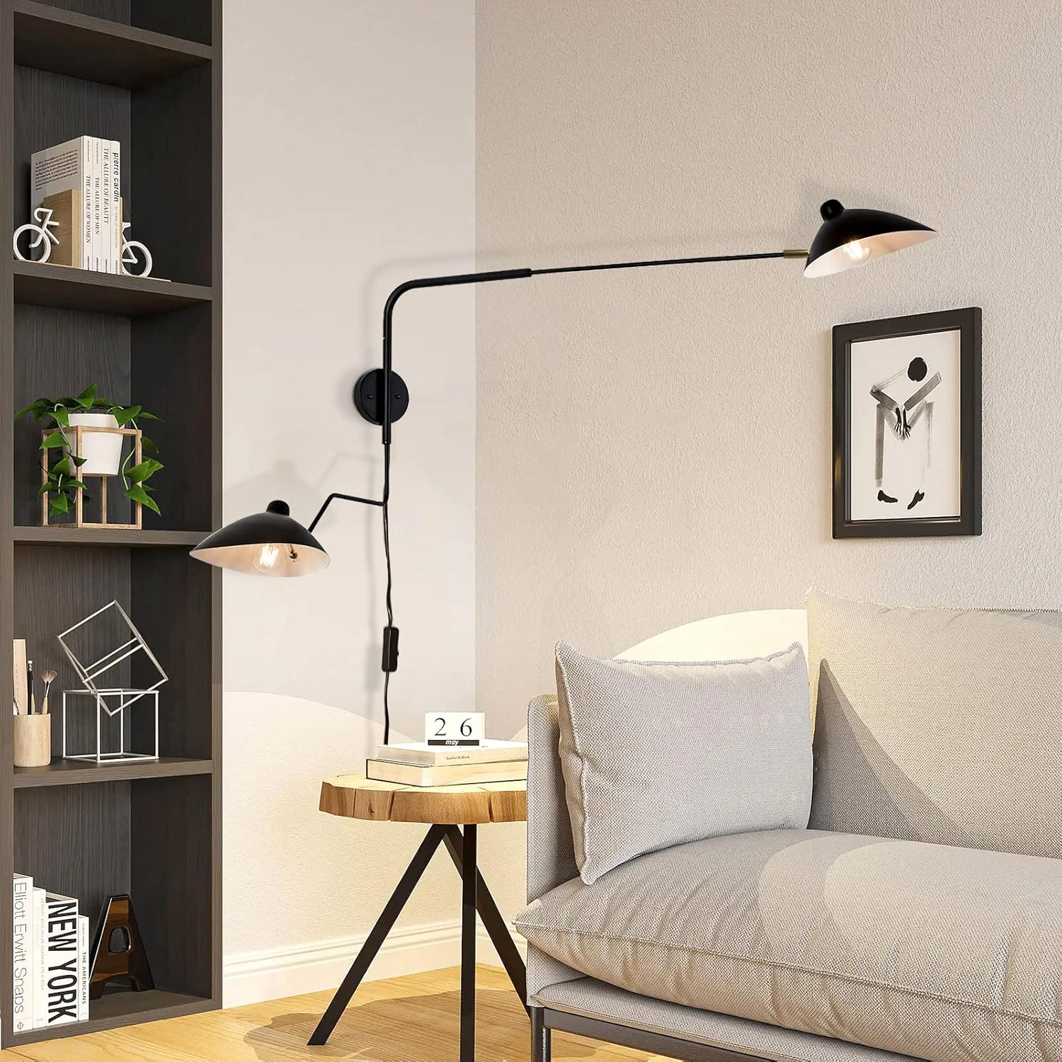 Retro 2-Lights Swing Arm Wall Sconce with Plug in Cord Industrial Black Wall Light Fixture Adjustable E26 Wall Lamp with On/Off Switch Indoor Wall Mounted Reading Lighting Fixture for Bedroom Bedside double head wall light