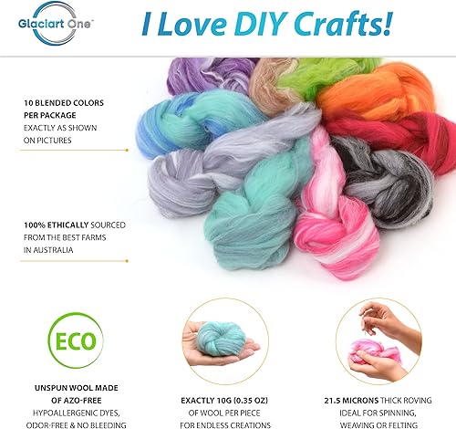 Miniatura 2 de Glaciart One Lana merino de fibra hiladora, súper suave, 10 colores mezclados (paquete de 3.5 onzas3.53 oz), lana sin hilar para fieltro y fieltro,