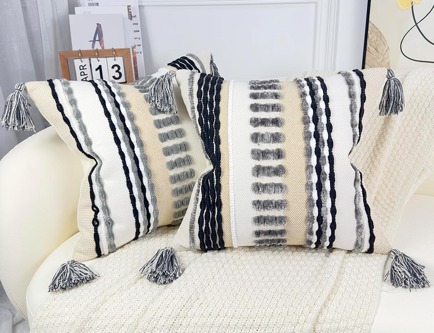 NUYECY Boho Throw Pillow Covers 16x16 Aesthetic Neutral Boucle Couch Pillow Cover Rainbow Striped Decorative Accent Pillow Case for Couch Bed Sofa Farmhouse Bedroom,Modern Funky,Set of 2 Red