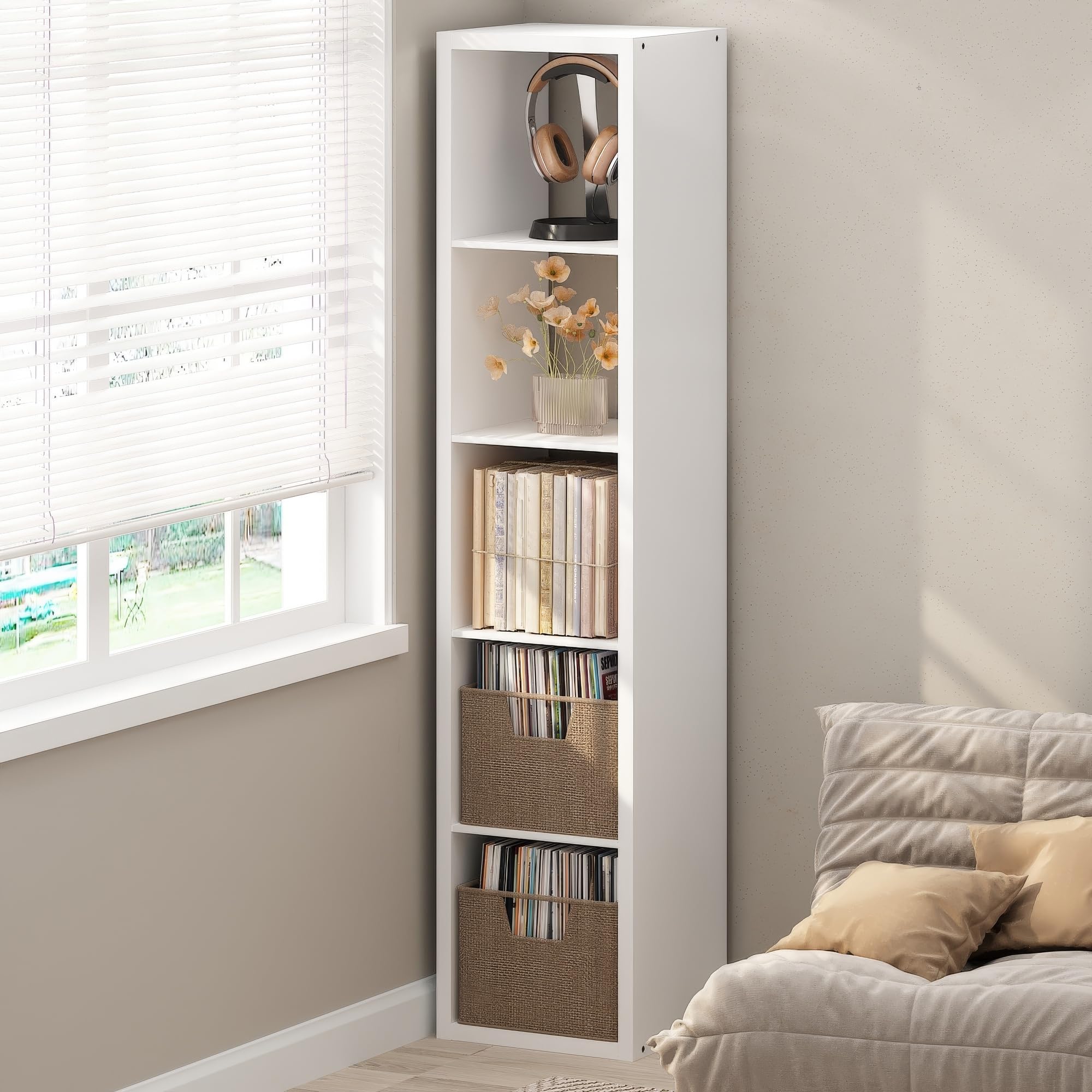 Furinno Cubicle Record Player Stand, 5-Cube Vinyl Record Storage, White