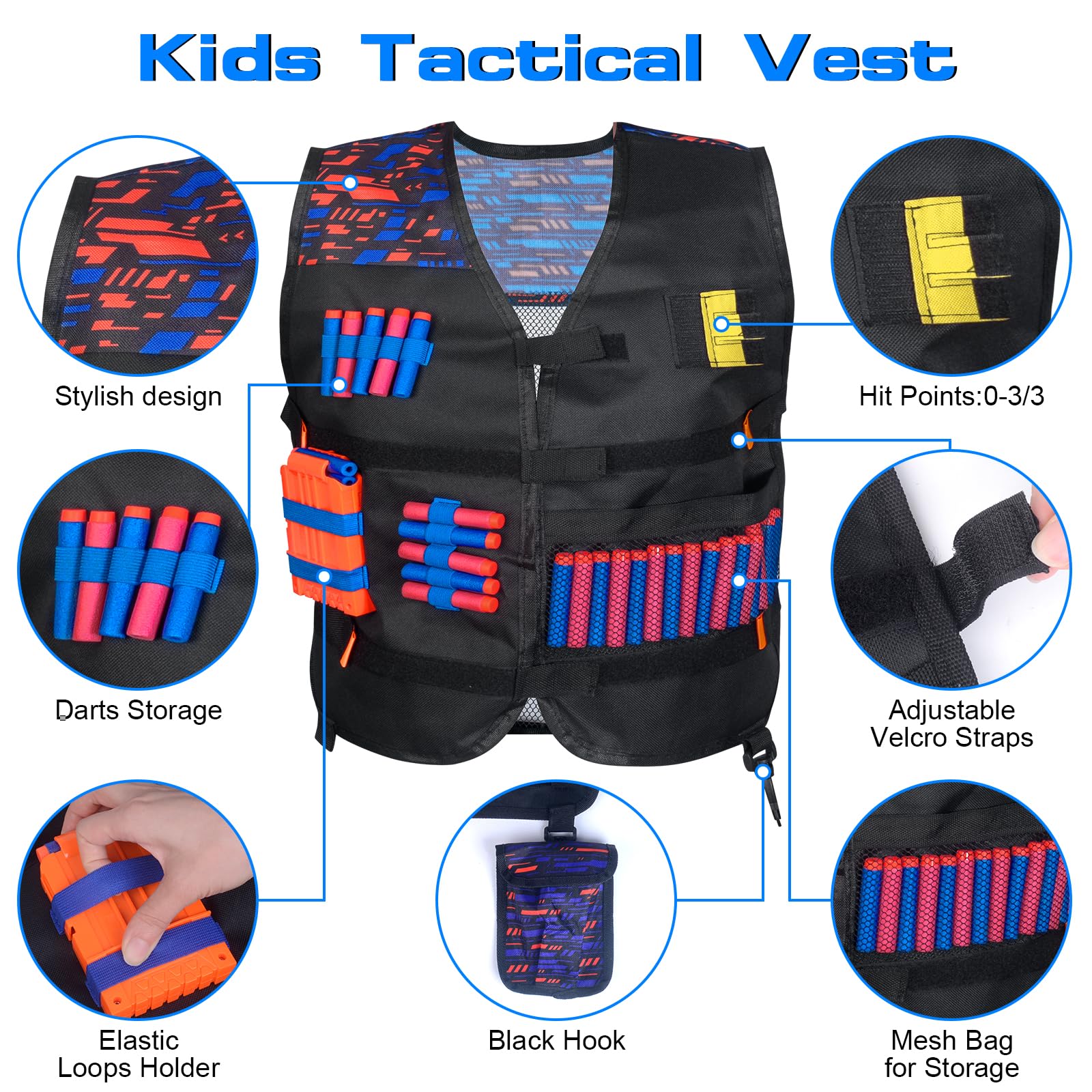 Kamizelka taktyczna dla dzieci, zestaw do Nerf N Strike Elite, akcesoria Nerf z magazynkiem do szybkiego ładowania, strzałki, opaski na nadgarstek, okulary, bandana dla chłopców i dziewcząt