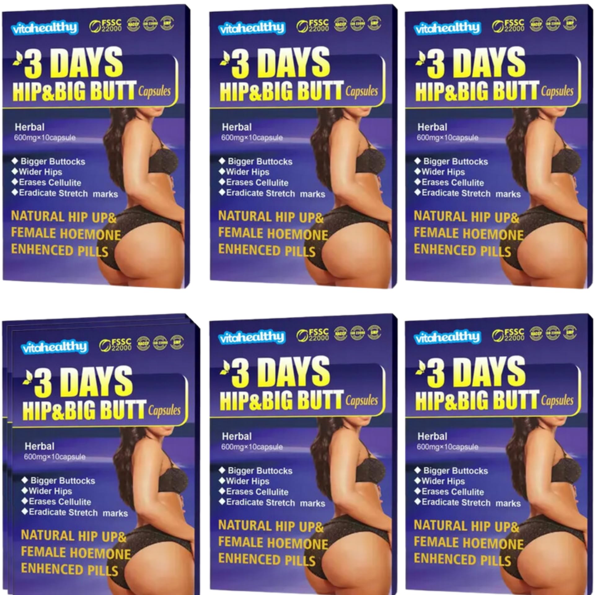 6 cajas : 3 DAYS HIP, Suplemento alimenticio para aumentar las nalgas y las caderas