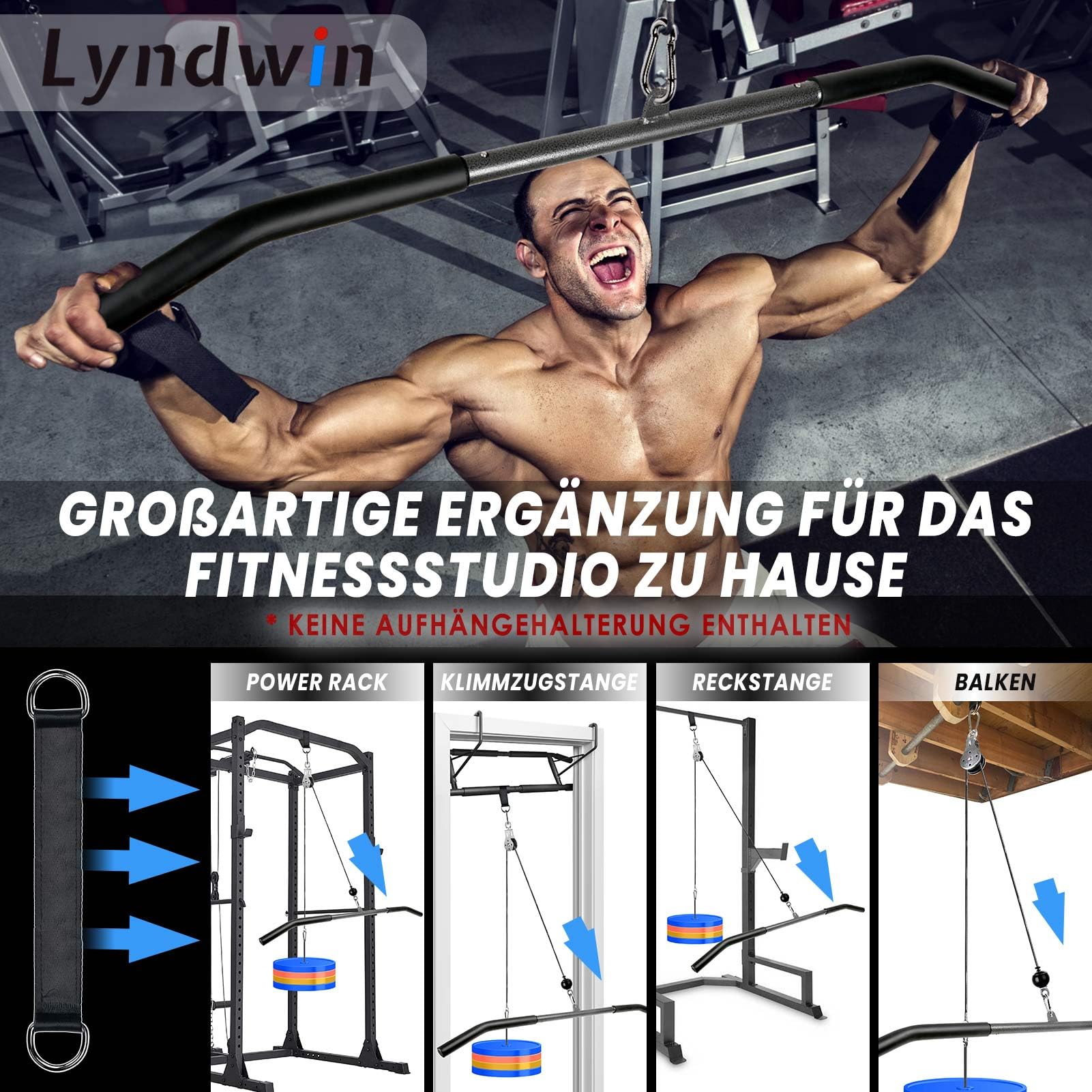 Kabelzug Fitness Latzug Gym Kabel mit 100cm Latzugstange, Fitness Kabelzug Set Trainer Trizeps Bizeps Rücken Arm Trainingsgerät Latzugturm Kabelturm Sportgeräte Home Gym Workout Zuhause