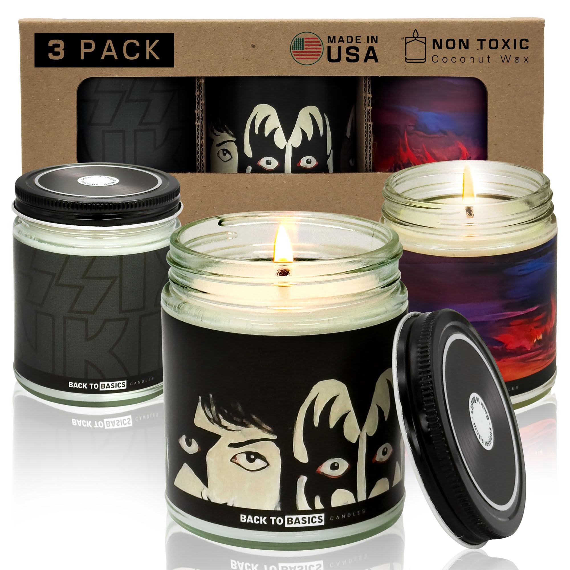 KISS - Juego de velas prémium | Velas Back to Basics - 3 velas aromáticas de cera de coco de soja vegana para fanáticos del rock & roll, merchandising, decoración del hogar, regalos de cumpleaños para