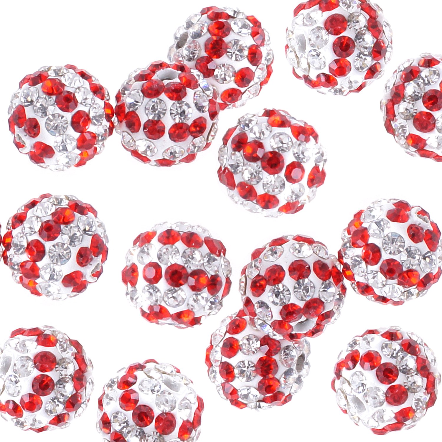 RUBYCA Stripes Czech Crystal Round Disco Ball Clay Beads fit Shamballa Jewelry (20pcs, 10mm, Red), Light Siam With White,white Clay