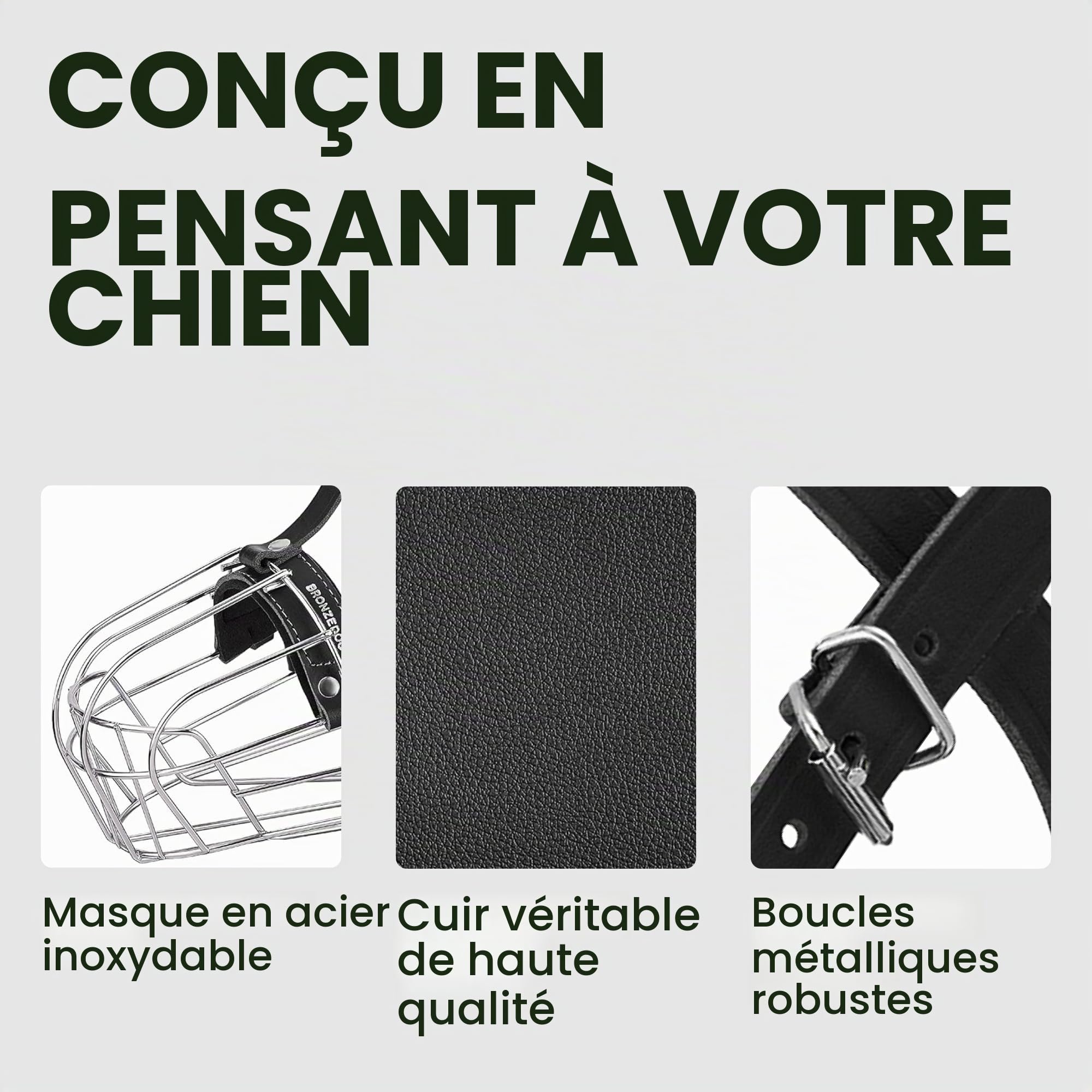 BronzeDog Muselière pour Chien en métal Amstaff Panier en Fil de Fer Sangles réglables en Cuir pour Grands Chiens