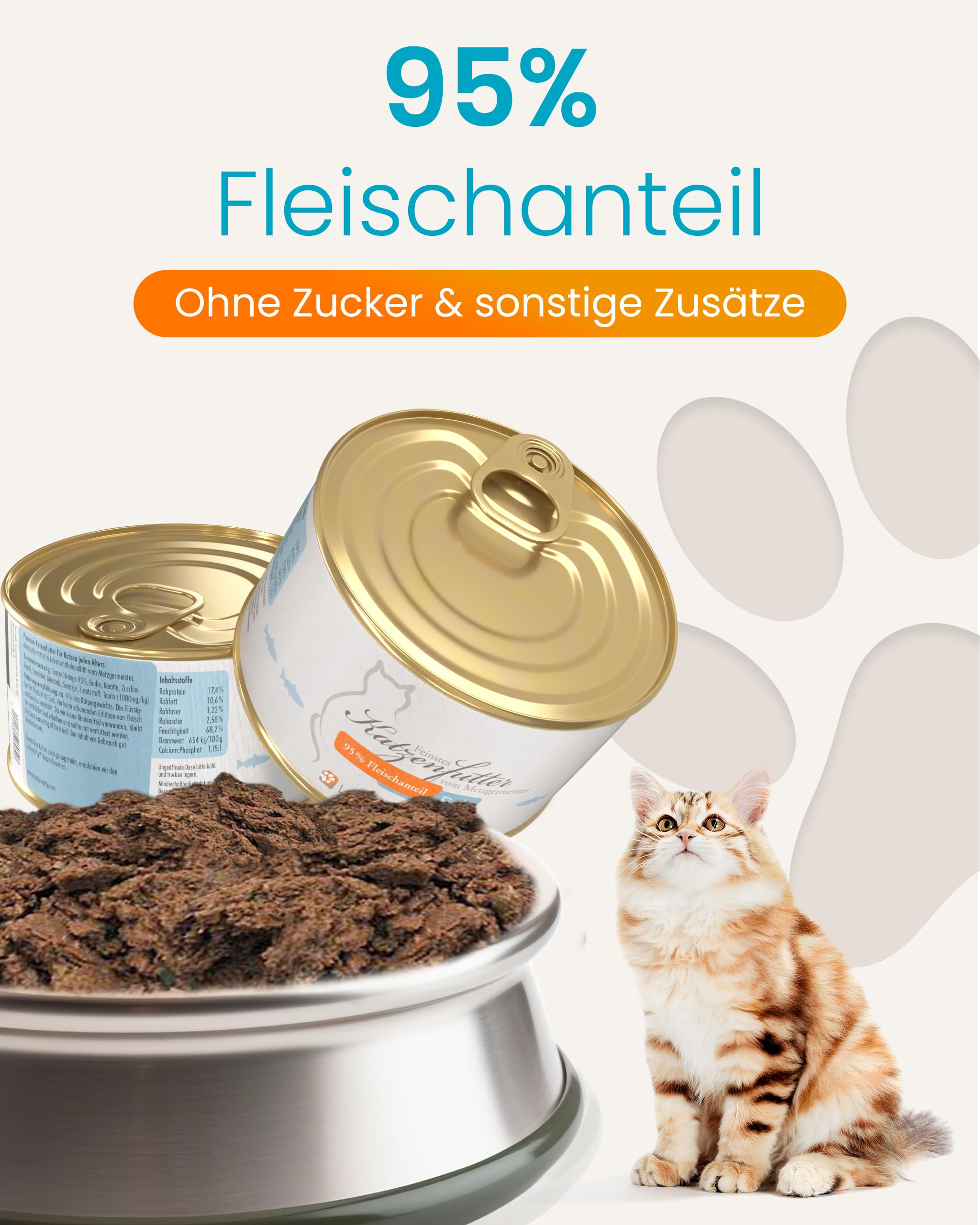 Lucky-Kitty Katzenfutter Nass, 95% ganzer Hering, Monoprotein, 16x200g | Ohne Getreide & Zucker, Lebensmittelqualität, Für Katzen & Kitten, Hering aus der Nordsee, Ohne Zusätze, Made in Germany