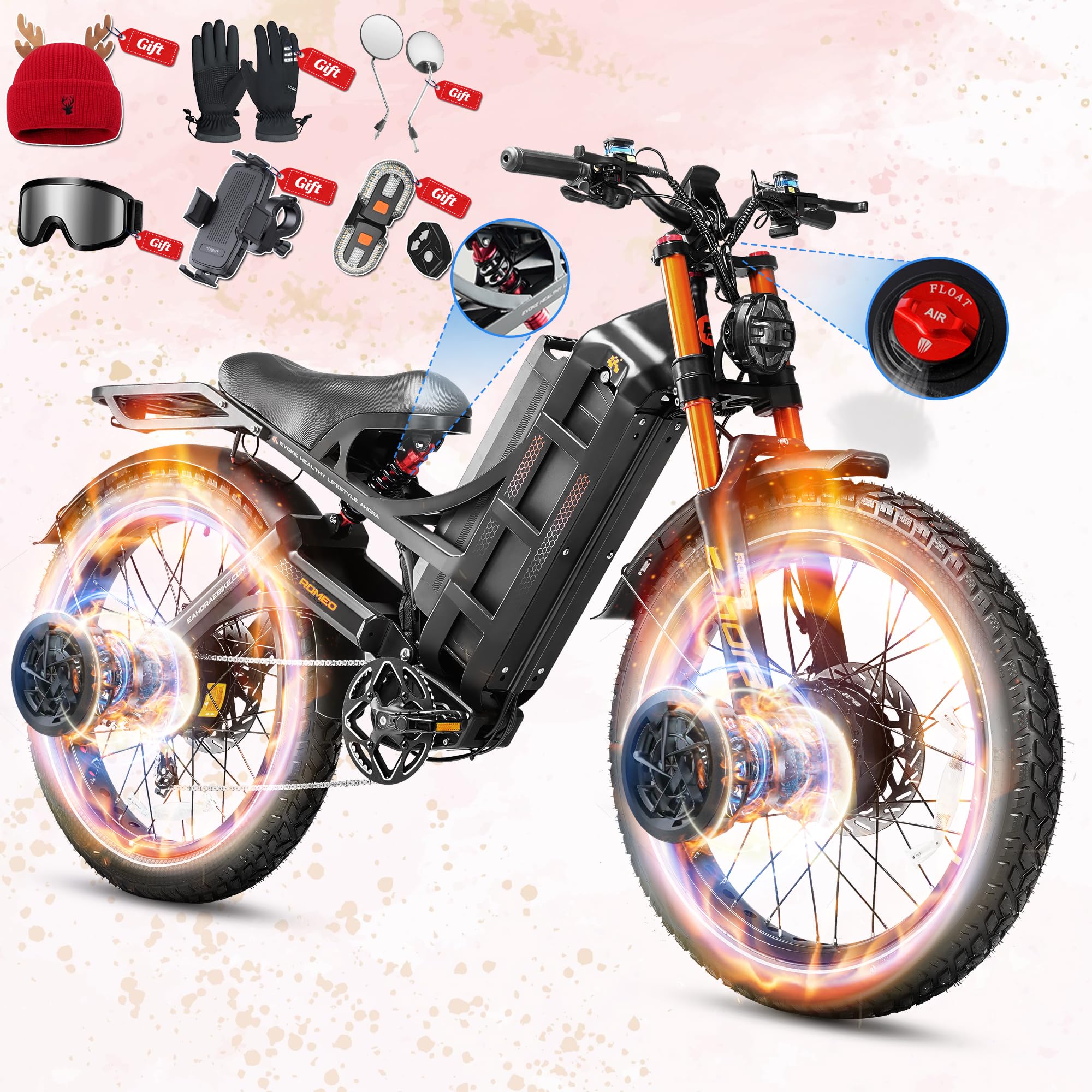 eAhora 2025 Romeo Pro 3/2 50-46Mph Electric Bike for Adults 5600W/4000W/2500W Dual Motor Ebike 60V/80Ah 52V/70Ah Long Range Fat Tire Full Suspension Electric Mountain Bicycle