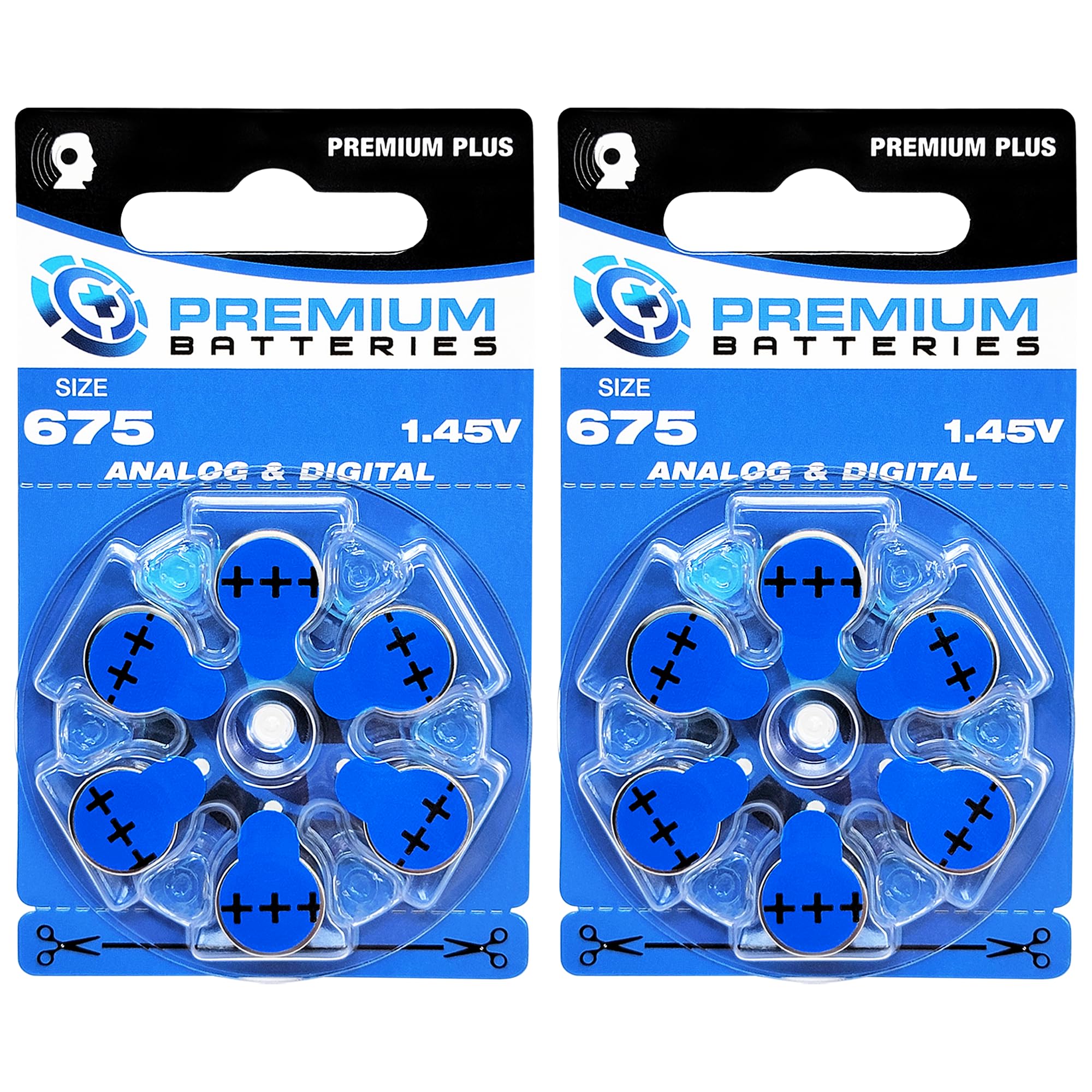 Premium Batteries Size 675, ZA675, PR44, P675 1.45V Zinc Air Hearing Aid Batteries Blue Tab (12 Batteries)