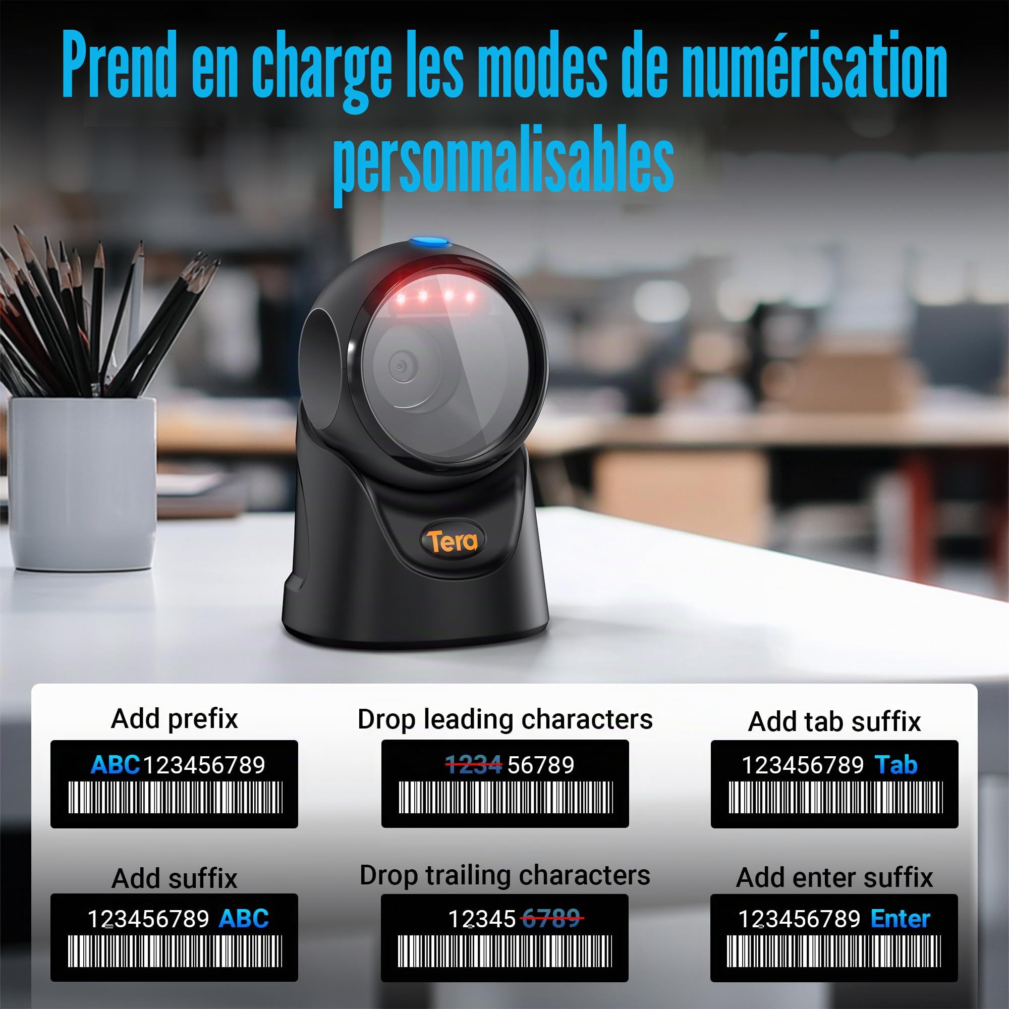 Tera Lecteur de codes-barres omnidirectionnel : lecteur de code QR 1D 2D mains libres USB filaire angle réglable, Plug and Play pour point de vente, supermarché, entrepôt, magasin de détail, hôpital