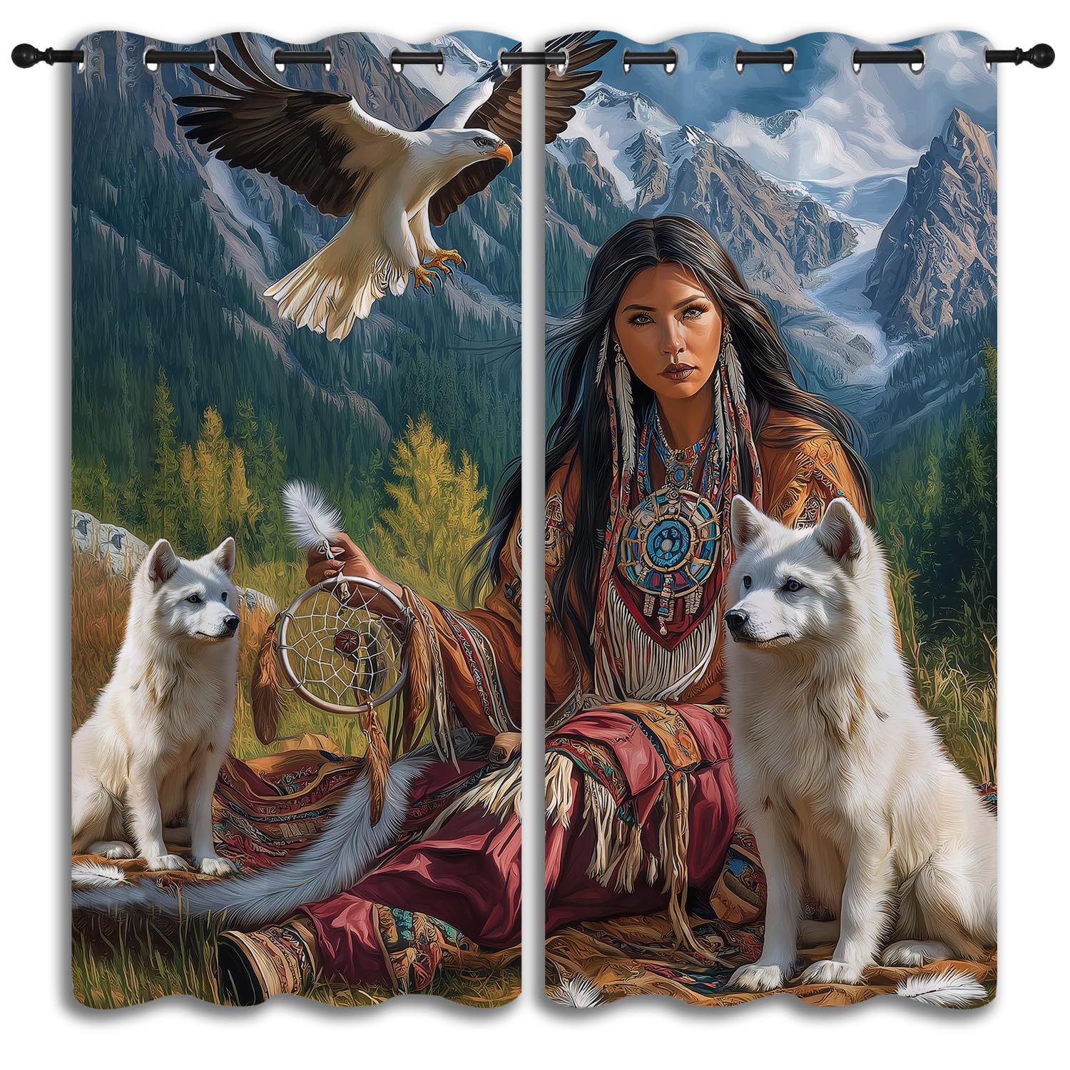 Wolf Dream Catcher Boy Girls Blackout Curtains, Native American Women Nature forest Mountains Scenery 2 Panel Rod Pocket Thermal Insulated Drapes, Kids Room Bedroom Living Room Home Decor 55x63 inch