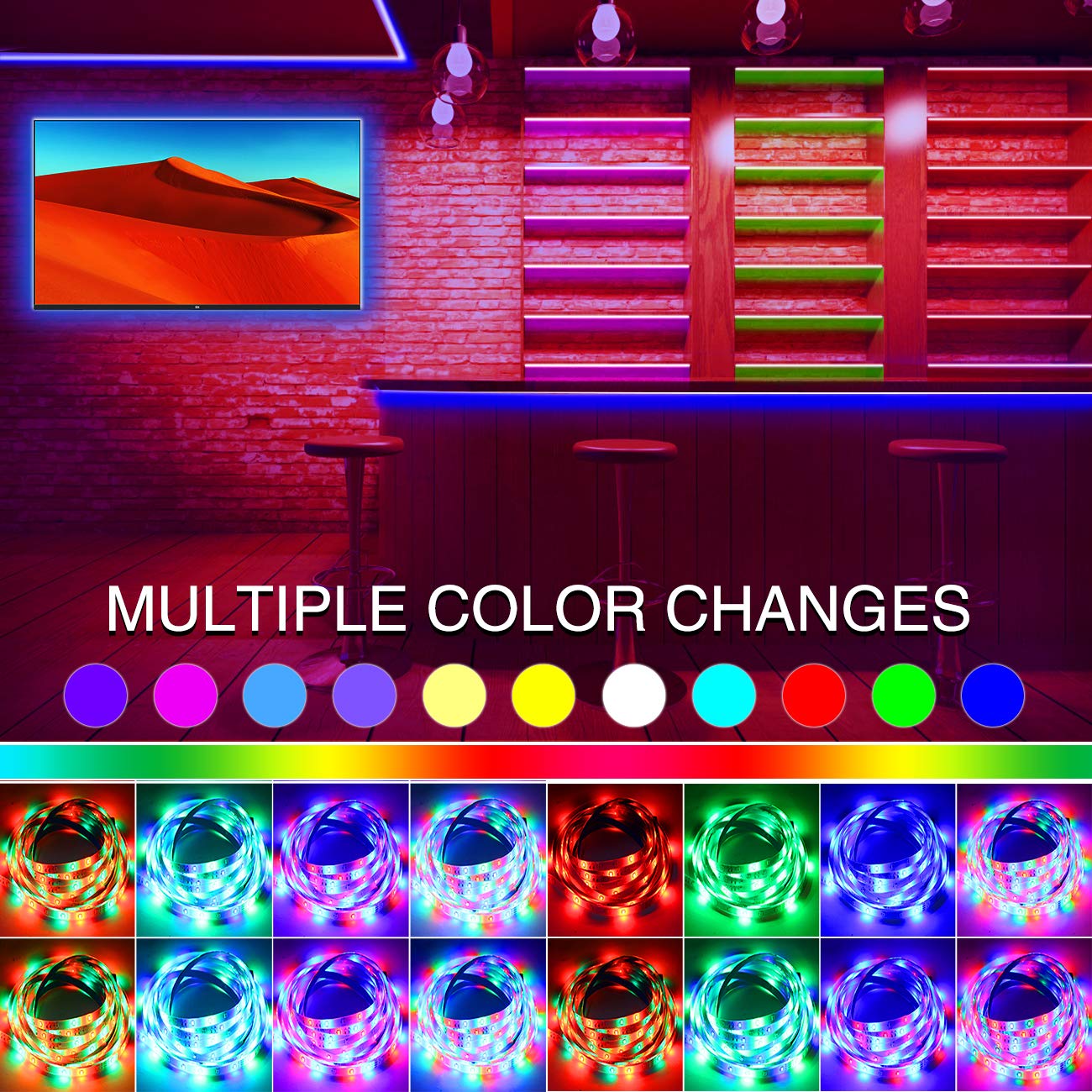 LED TV Hintergrundbeleuchtung,2M USB LED RGB Fernseher Beleuchtung mit Bluetooth APP,TV LED Beleuchtung,LED Strip Musik Lichtband,LED Streifen,für 40-60 Zoll HDTV,PC Bildschirm,Spieltisch,Spiegel usw.