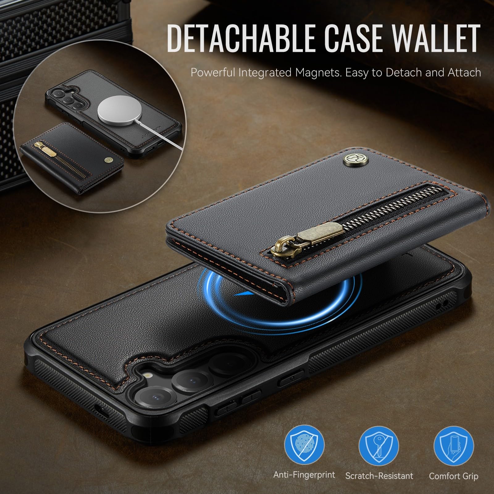 Generic Étui compatible avec Samsung Galaxy S23 FE (couleur : bleu) Étui à rabat en cuir avec fermeture éclair arrière magnétique en silicone