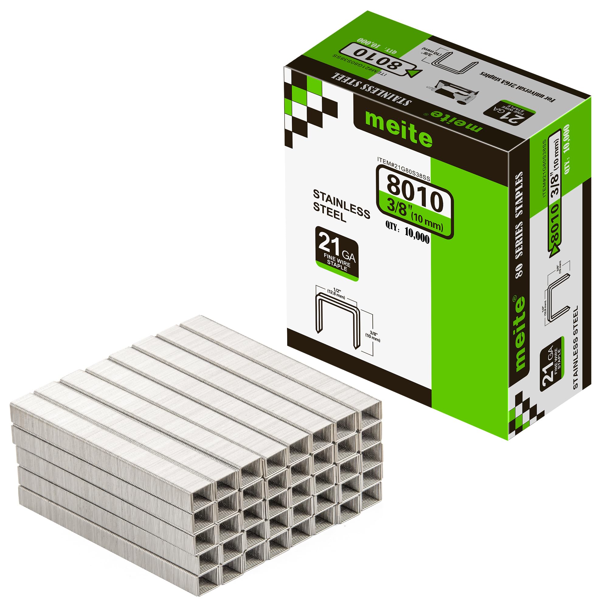 meite Graffette Type 80 da 10 mm in Acciaio Inox 304, Punti Serie 80 per Pinzatrice – Ideali per Tessuti, Moquette, Scatole in Legno, Cavi e Casette – 10.000 Pezzi