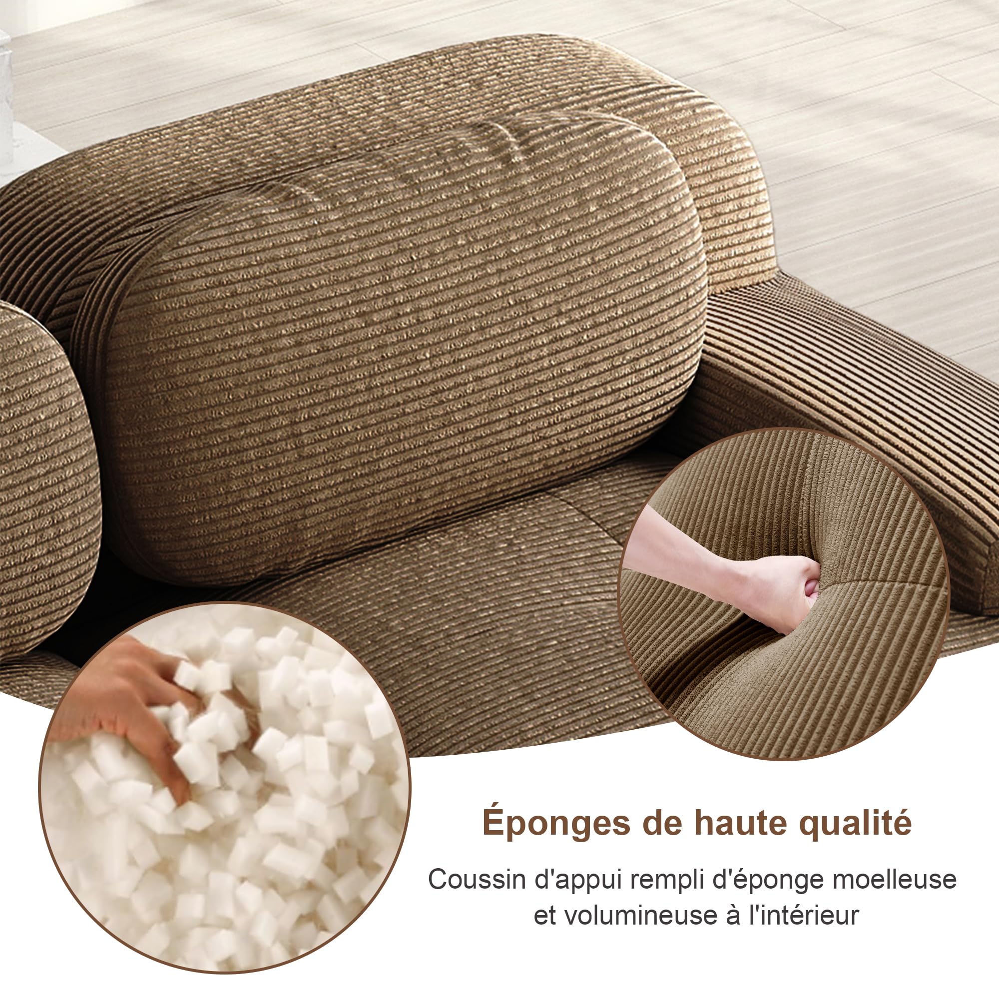 Sapgaks Canapé d'angle convertible, canapé de 2 à 4 places, canapé modulable compressible, peut être combiné librement avec accoudoirs et repose-pieds, velours (marron 3 places-L)