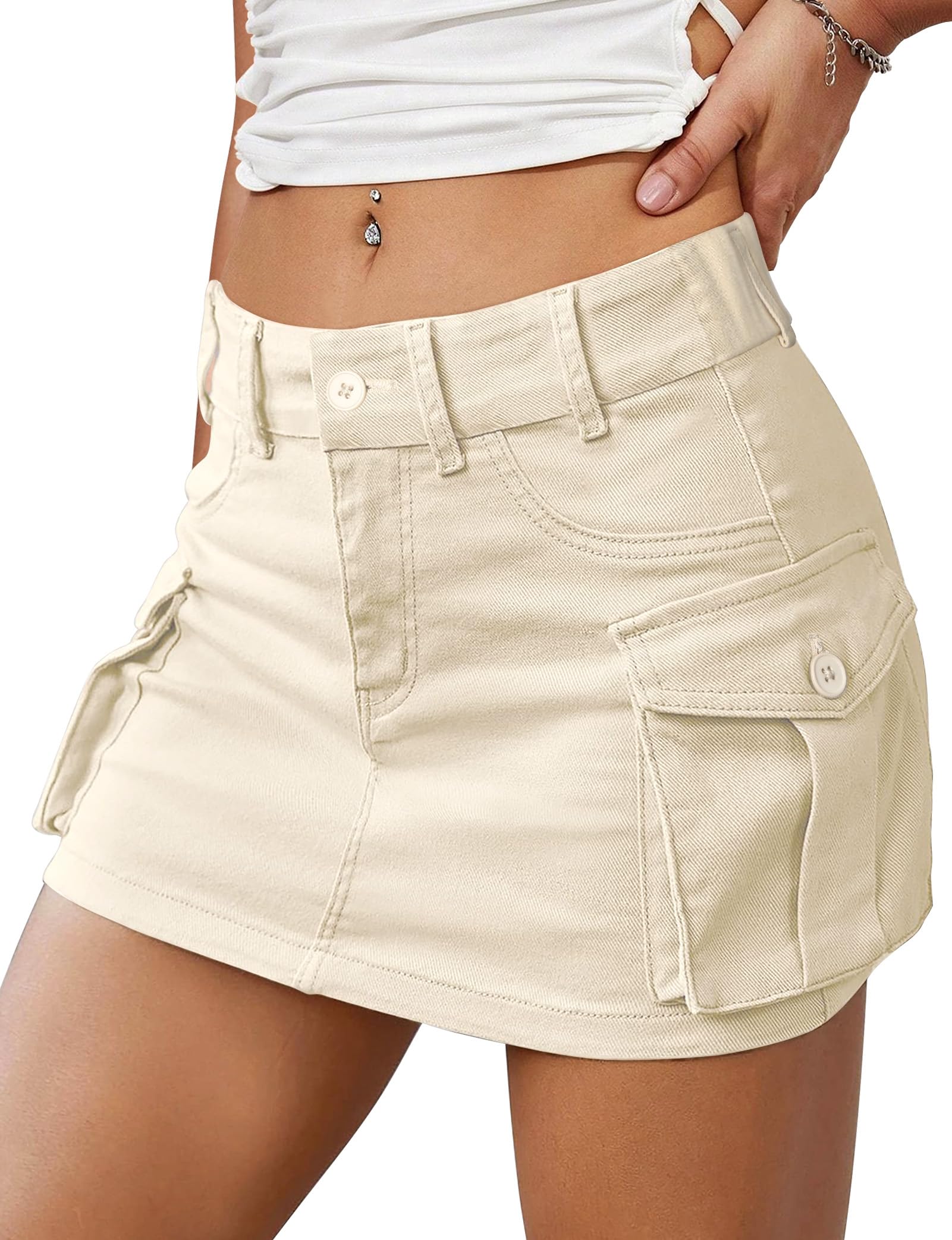 BuautyWomen Denim Cargo Skirt Y2K, Mini Low Waist Jean Shirts Bodycon Flap Pockets 2024 Trendy Short