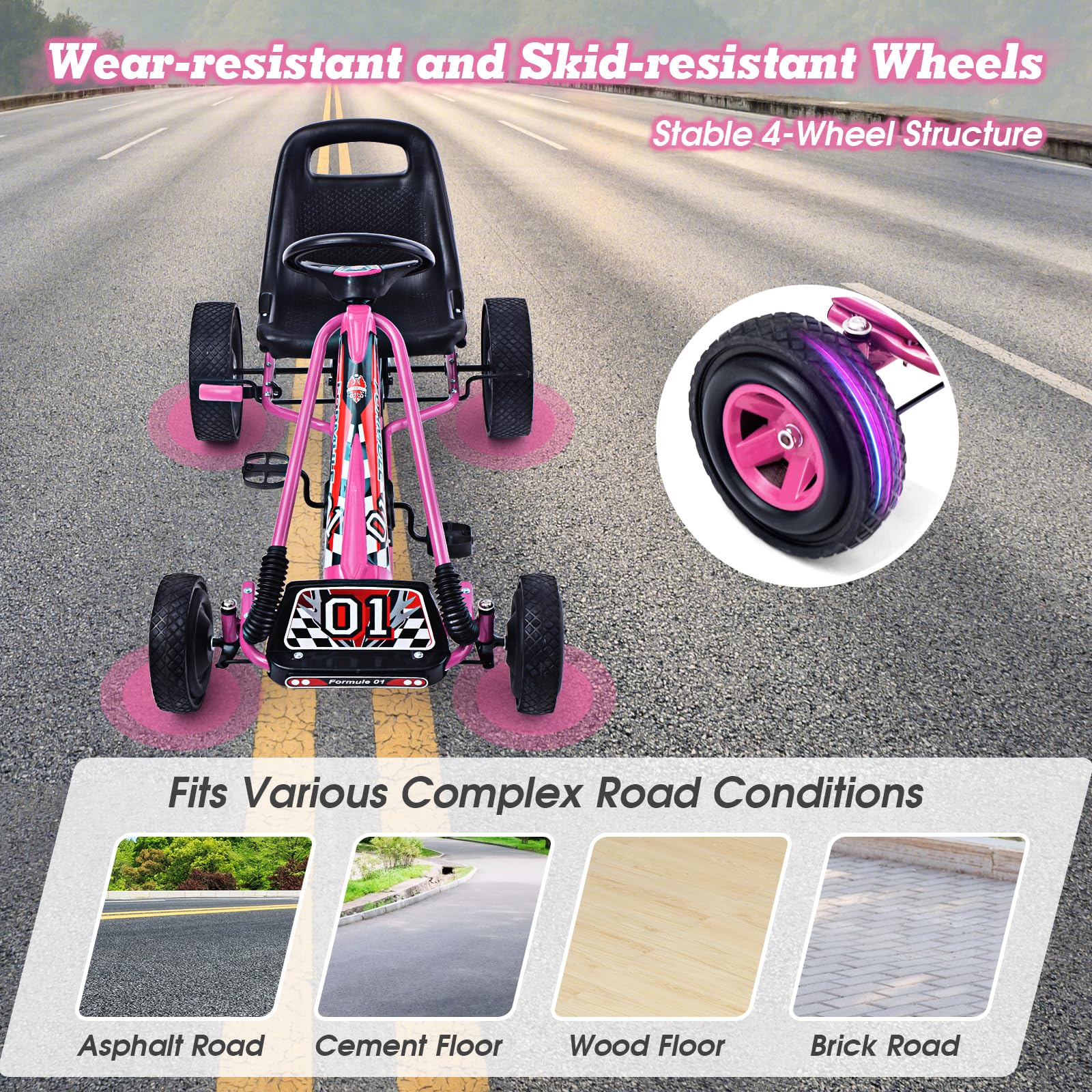 GOPLUS Kart à Pédales Enfants Siège Réglable 4 Roues Caoutchouc Plastique 3-8 Ans Rose