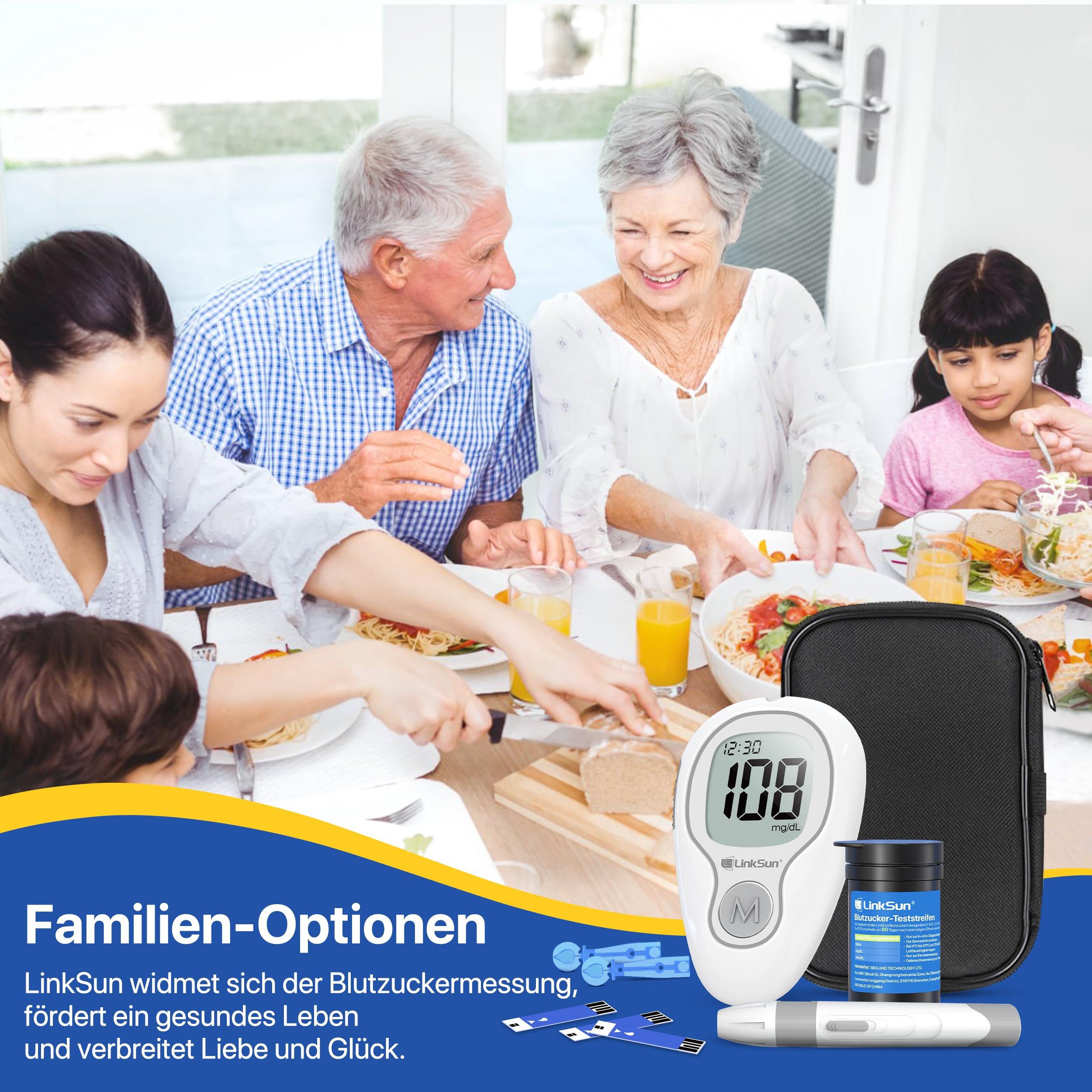 LinkSun G-425-3 Blutzuckermessgerät Set (mg/dL) mit 100 Teststreifen, 100 Lanzetten, Stechhilfe, Glucose-Kontrolllösung, Codierungsfrei, mg/dL & mmol/L