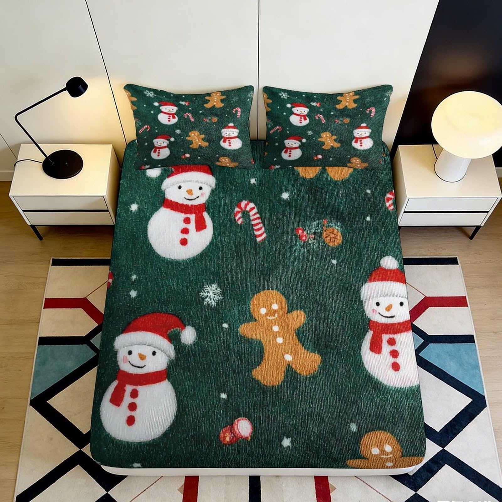 3D Printed Snowman Christmas Fitted Sheet Microfiber Soft Green Gingerbread Mattress Cover Bedroom Decor 140x200x25cm