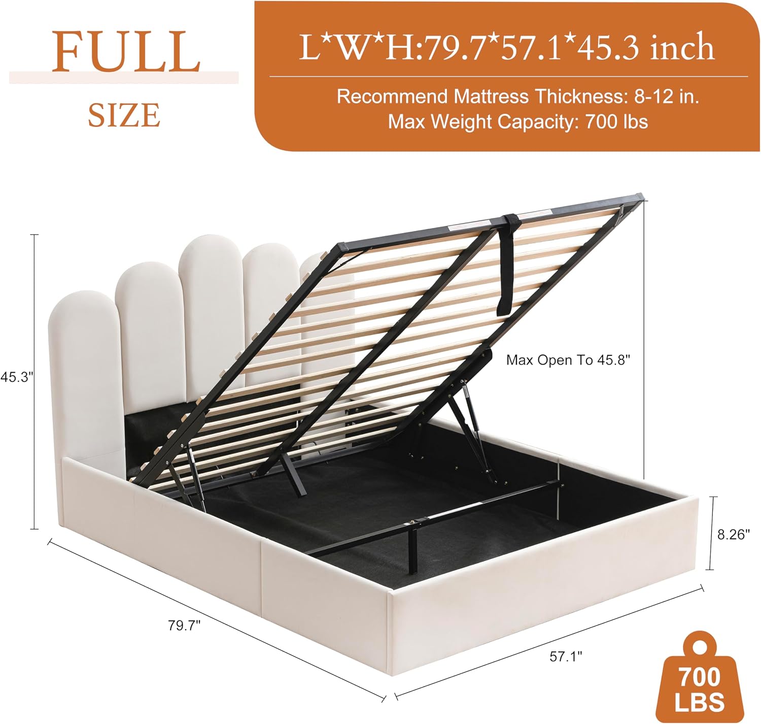 Queen Size Lift Up Bed with Storage Underneath, Velvet Upholstered Platform Bed with Modern Headboard, Hydraulic Support, Sturdy Wooden Slats, No Box Spring Needed, Easy Assembly, Cream