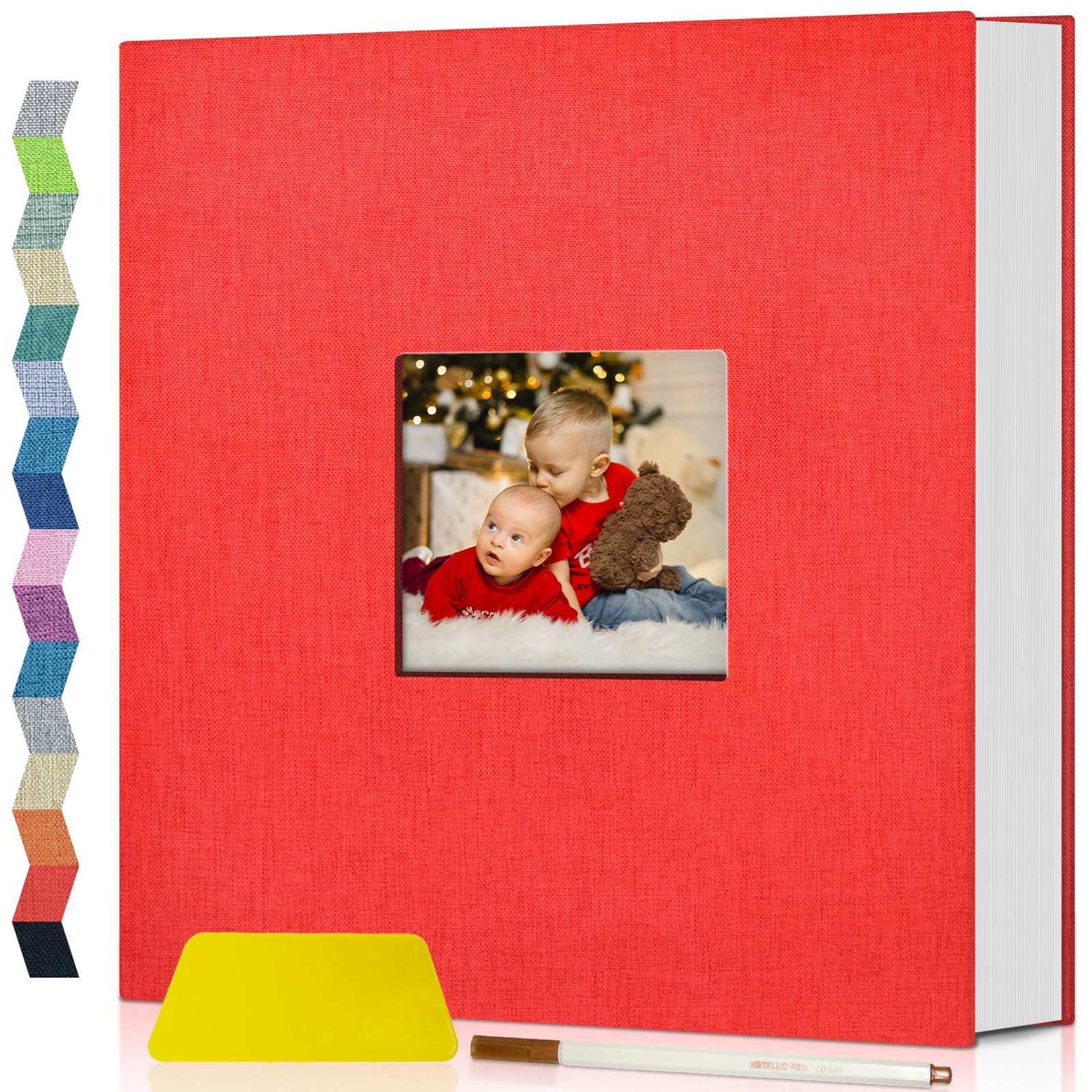 Popotop Self Adhesive Photo Album Scrapbook for 4x6 5x7 8x10 Pictures, 60 Pages Linen Hardcover DIY Memory Book, Scrapbooking Supplies Kits Birthday Gifts for Baby Wedding Family Travel Red