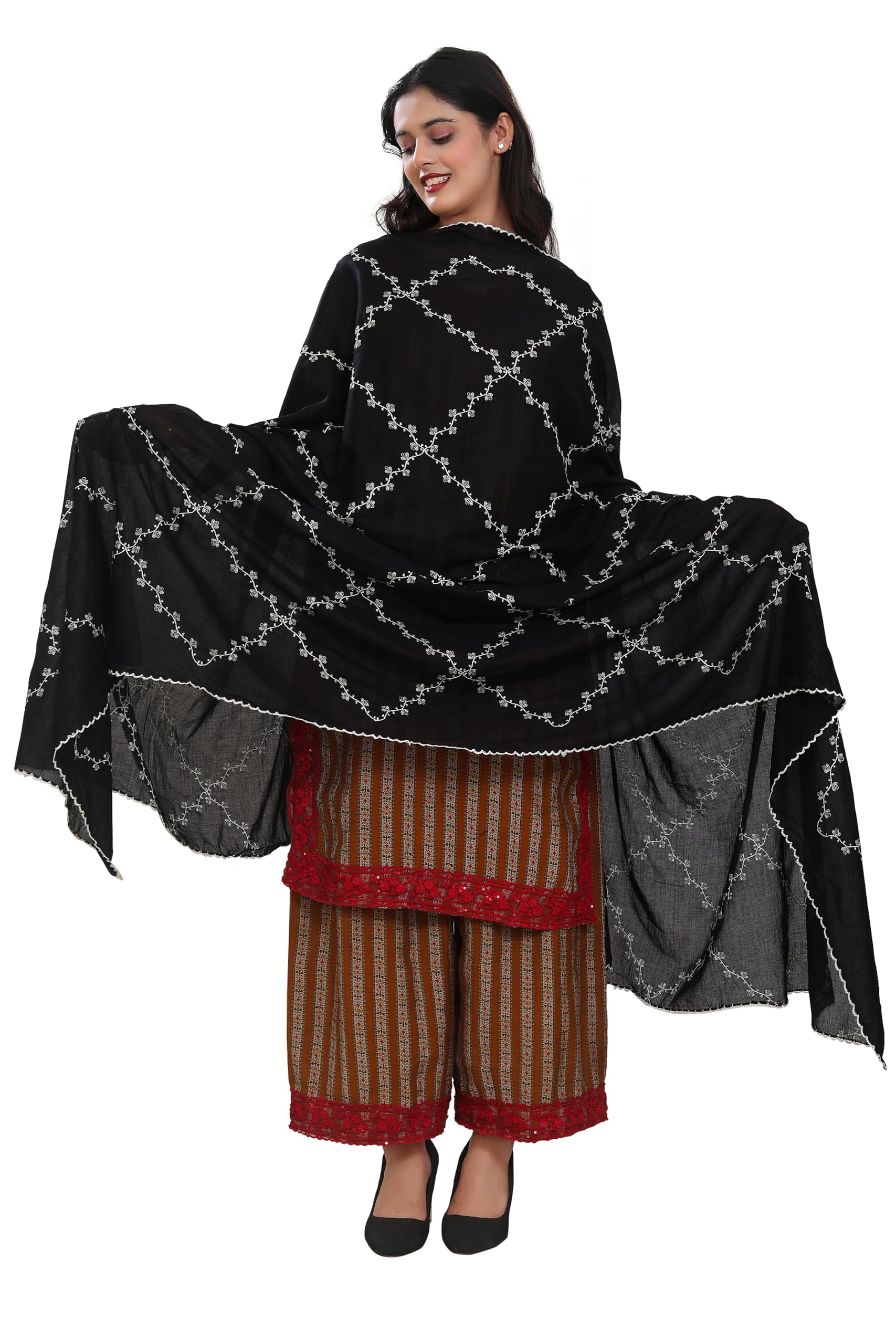 dupatta house Cotton Dupatta with Floral Embroidery Pattern, Black, Large Size-picture-13
