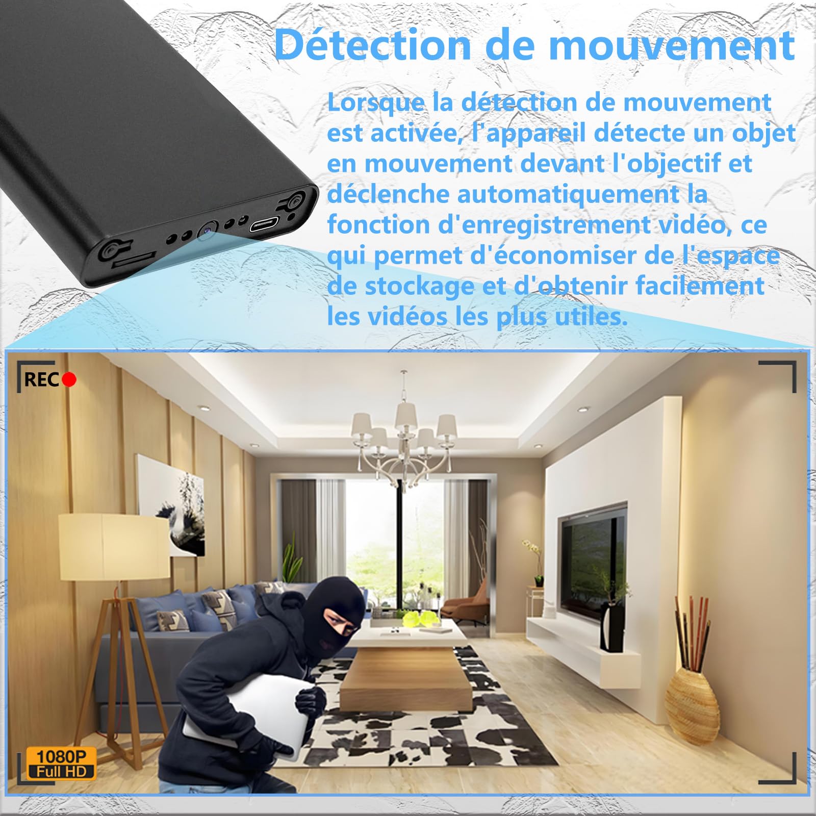 Caméra de Surveillance Portable HD, caméra de Surveillance espionne Mini cachée, Batterie intégrée de 10 000 mAh, Fonctionnement continu Pendant 55 Heures, Connexion Wi-FI Non Prise en Charge.