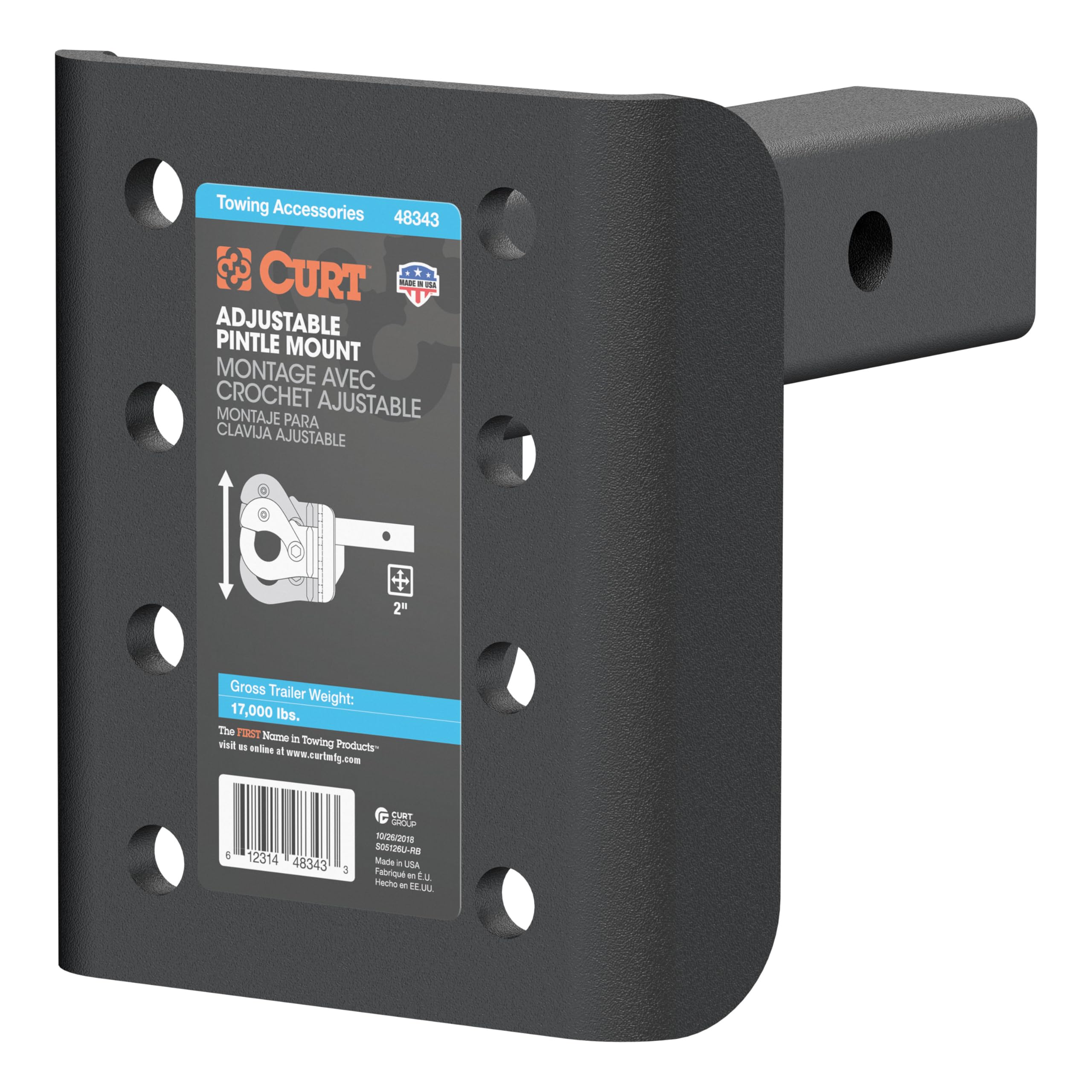 48343 Adjustable Pintle Mount for 2-Inch Hitch Receiver, 17,000 lbs, 7-1/4-Inch Height, 6-Inch Length