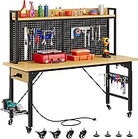 DWVO 60" Adjustable Heavy Duty Workbench with Pegboard, 1600lbs Capacity, Wheels, AC/USB Outlets - Garage Workshop Table