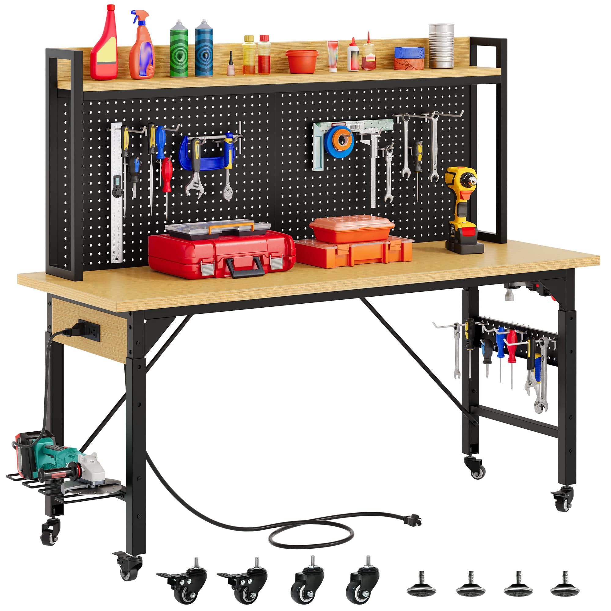 DWVO 60in Heavy Duty Workbench with Pegboard & Wheels Adjustable