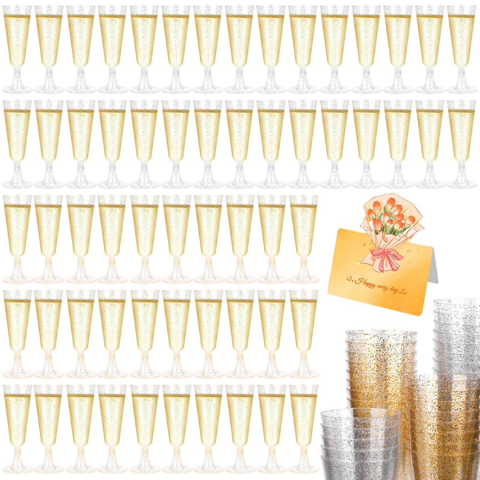 UCAMP 60 Flute da Champagne,Bicchieri Vino150ml,Trasparenti,Resistenti e Riutilizzabili,Bicchieri da Champagne con Glitter Dorati e argento,Eleganti Calici per Feste,Compleanni,Matrimoni